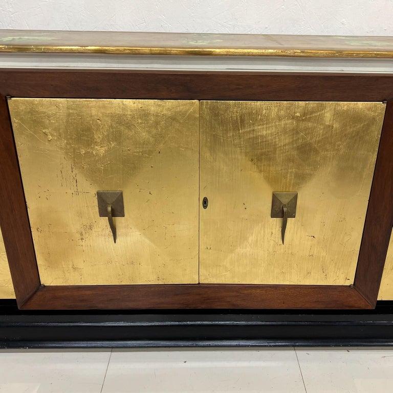 1950s Hand Painted Gold Leaf Credenza Cabinet Mahogany and Brass Mexico For Sale 4