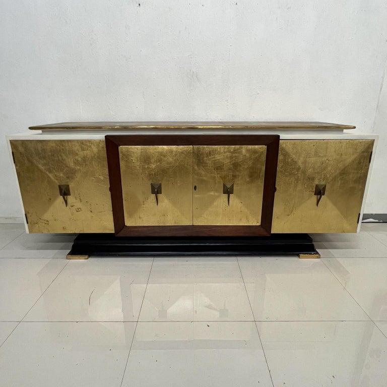 1950s Hand Painted Gold Leaf Credenza Cabinet Mahogany and Brass Mexico For Sale 7