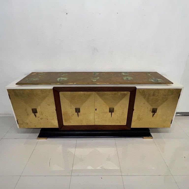 1950s Hand Painted Gold Leaf Credenza Cabinet Mahogany and Brass Mexico For Sale 8
