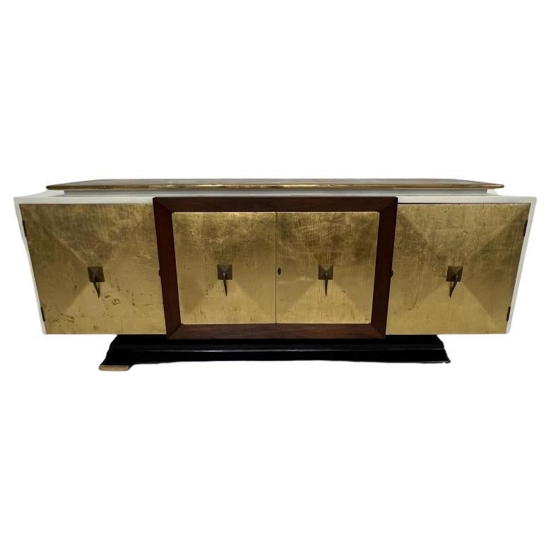 1950s Hand Painted Gold Leaf Credenza Cabinet Mahogany and Brass Mexico