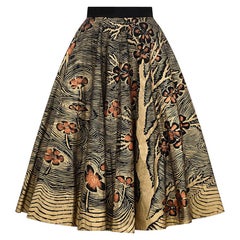 Vintage 1950s Hand Painted Gold Mexican "Autumn" Themed Skirt With Bronze Flowers