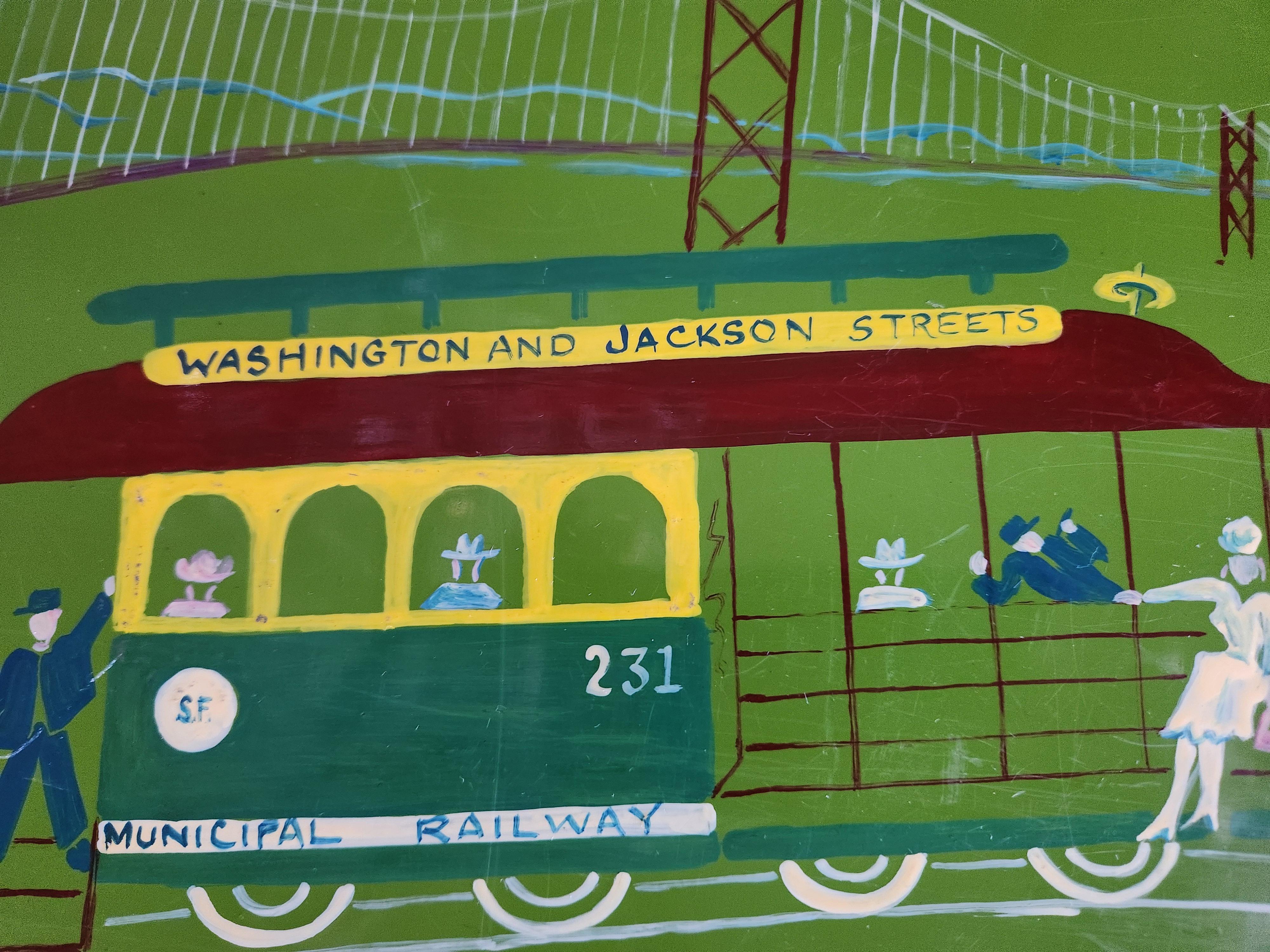 1950er Vintage Hand gemalt Lovely Green San Francisco Cable Car Serviertablett
Metall-Lack-Handfarbe
Washington und Jackson Street 231 Stadtbahn SF
17,5b x 12,5d x 0,5 hoch
Gebrauchter originaler unrestaurierter Vintage-Zustand; Kratzer, sichtbare