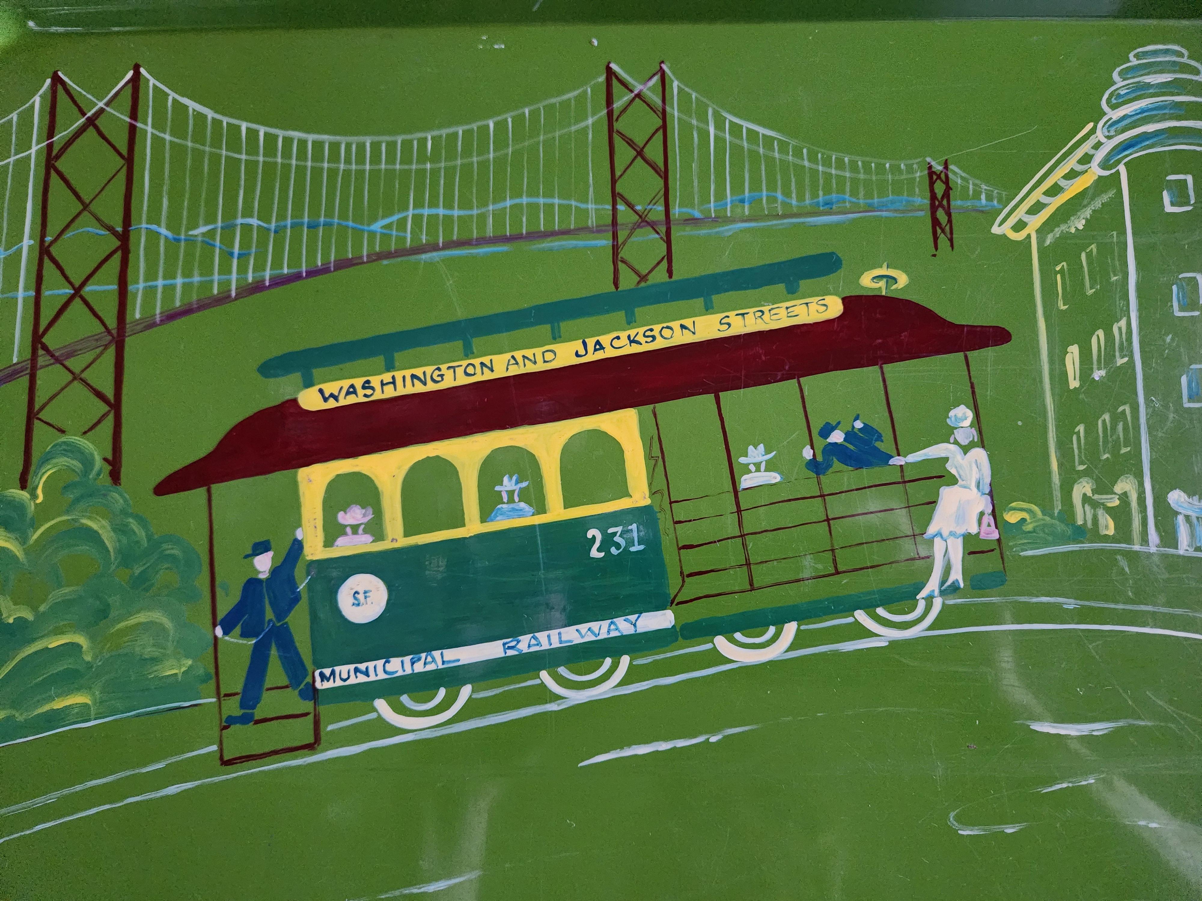1950er Jahre Handbemaltes grünes Serviertablett San Francisco Cable Car Railway im Angebot 6
