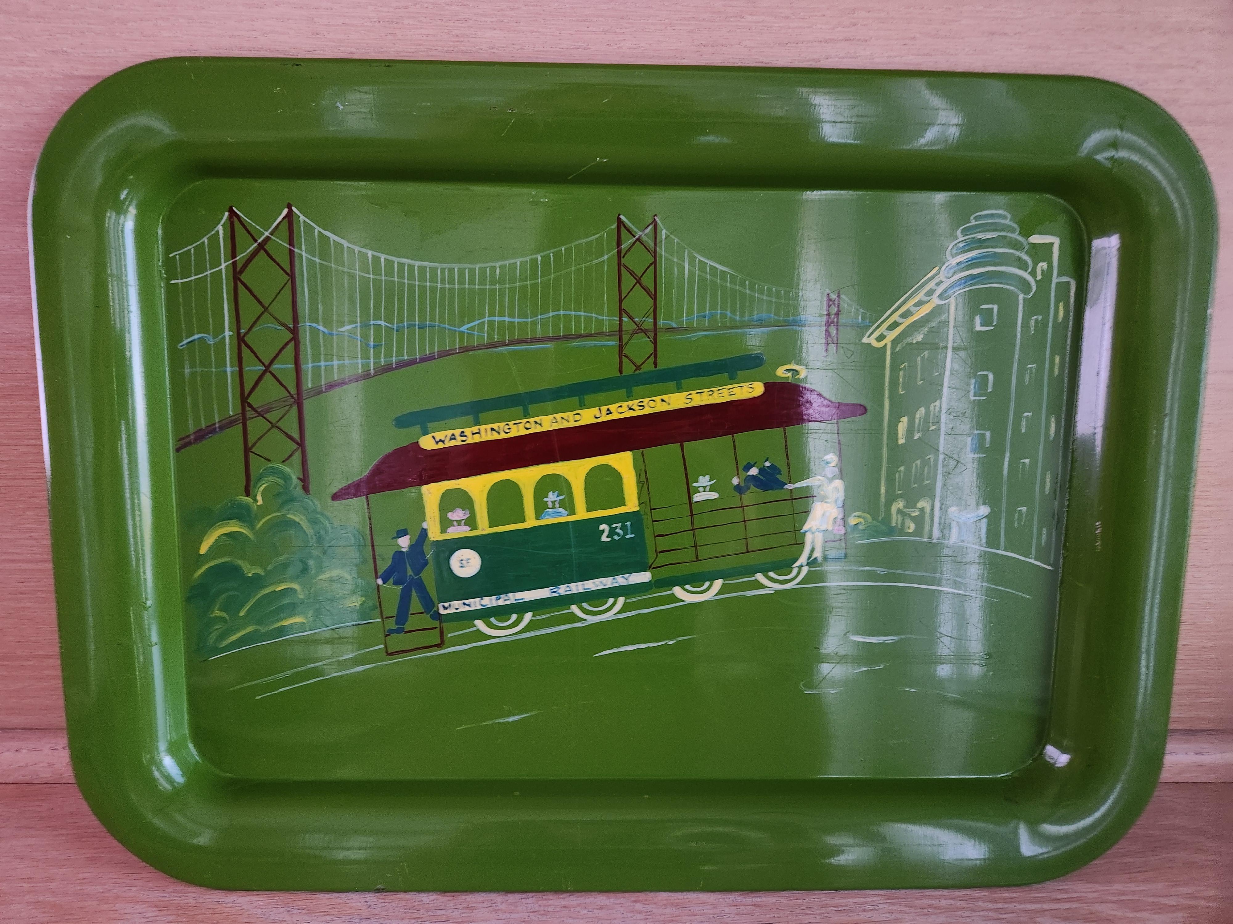 1950er Jahre Handbemaltes grünes Serviertablett San Francisco Cable Car Railway (amerikanisch) im Angebot
