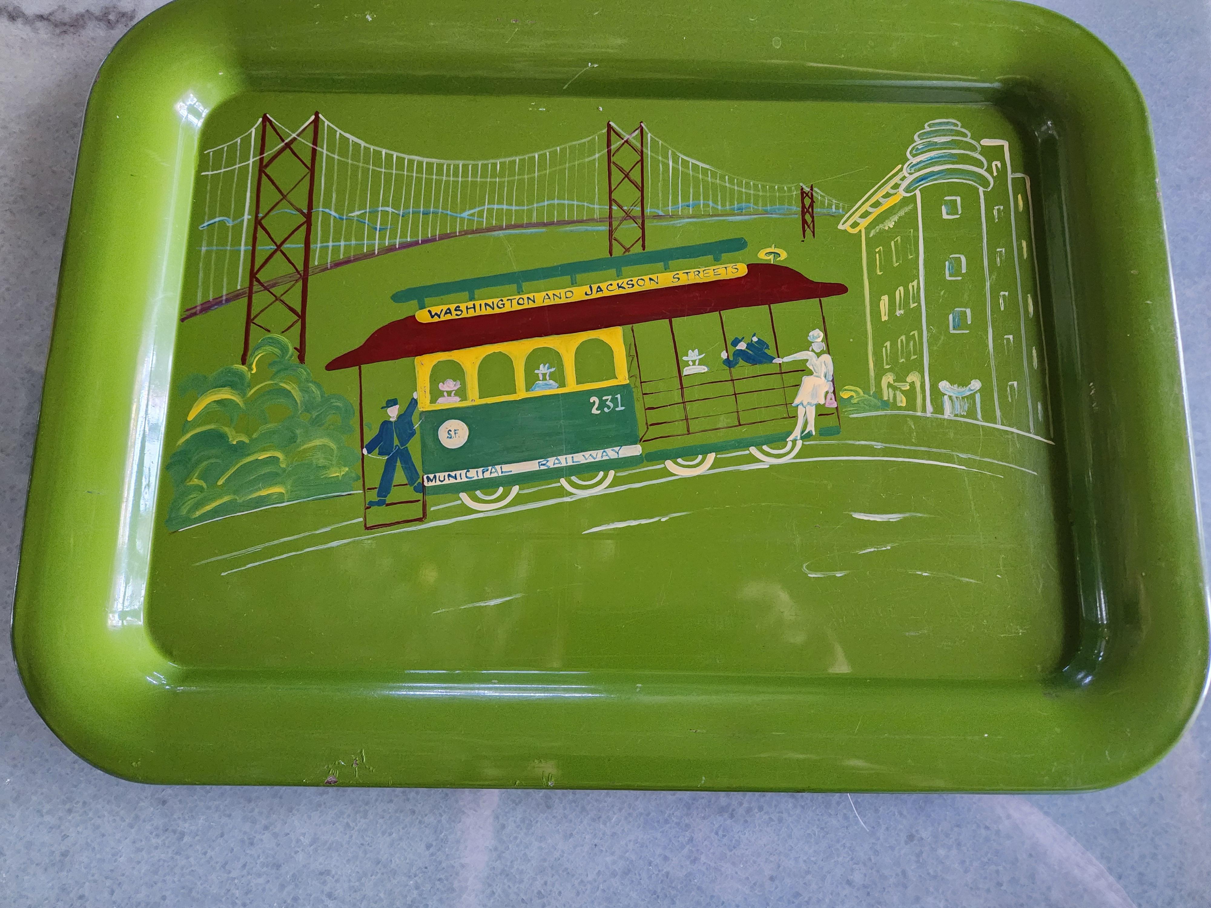 1950er Jahre Handbemaltes grünes Serviertablett San Francisco Cable Car Railway im Zustand „Gut“ im Angebot in Chula Vista, CA