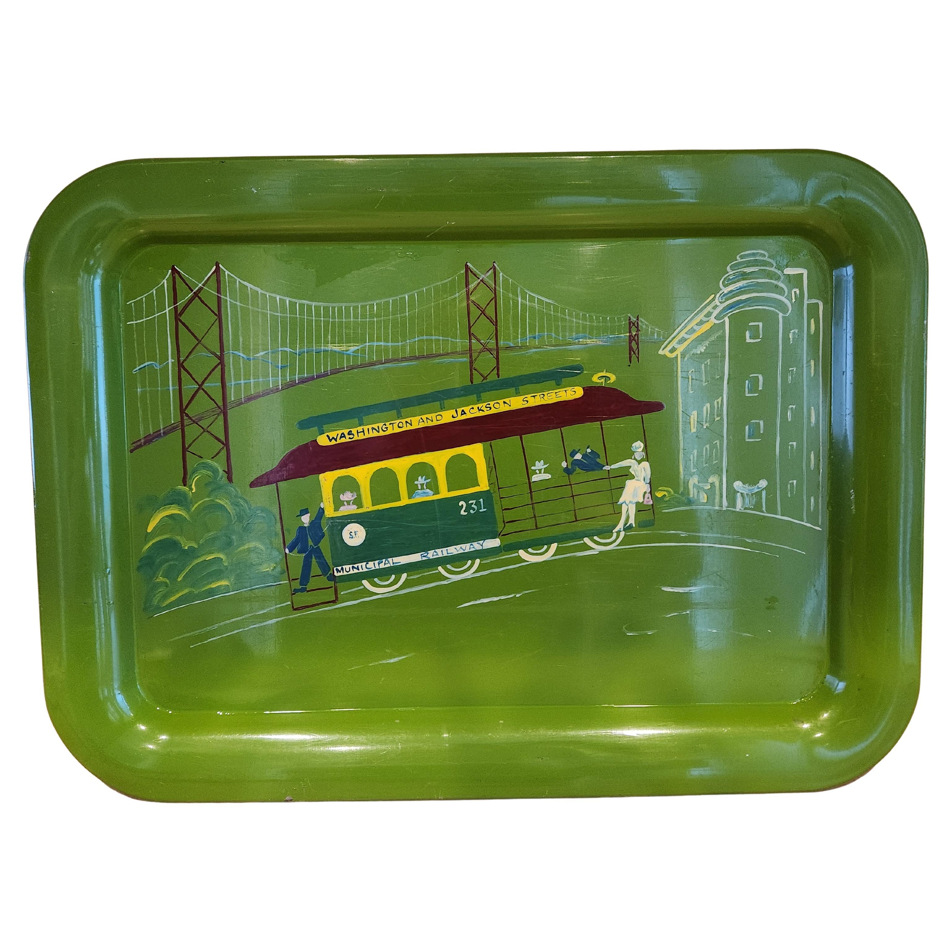 1950er Jahre Handbemaltes grünes Serviertablett San Francisco Cable Car Railway (Moderne der Mitte des Jahrhunderts) im Angebot