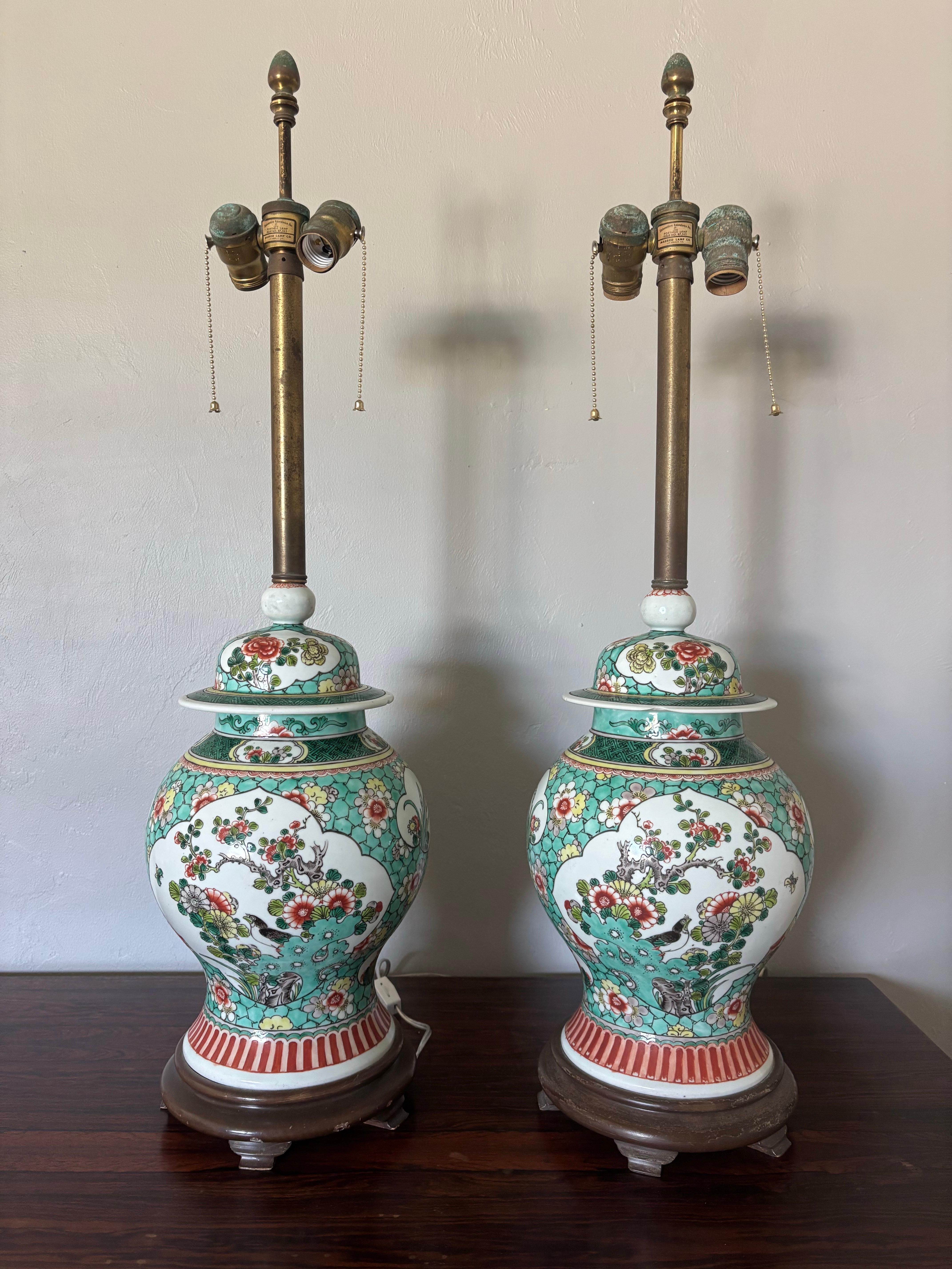 Lampade Ginger Jar francesi dipinte a mano Hollywood Regency del 1950 di Marbro In condizioni buone in vendita a Boynton Beach, FL