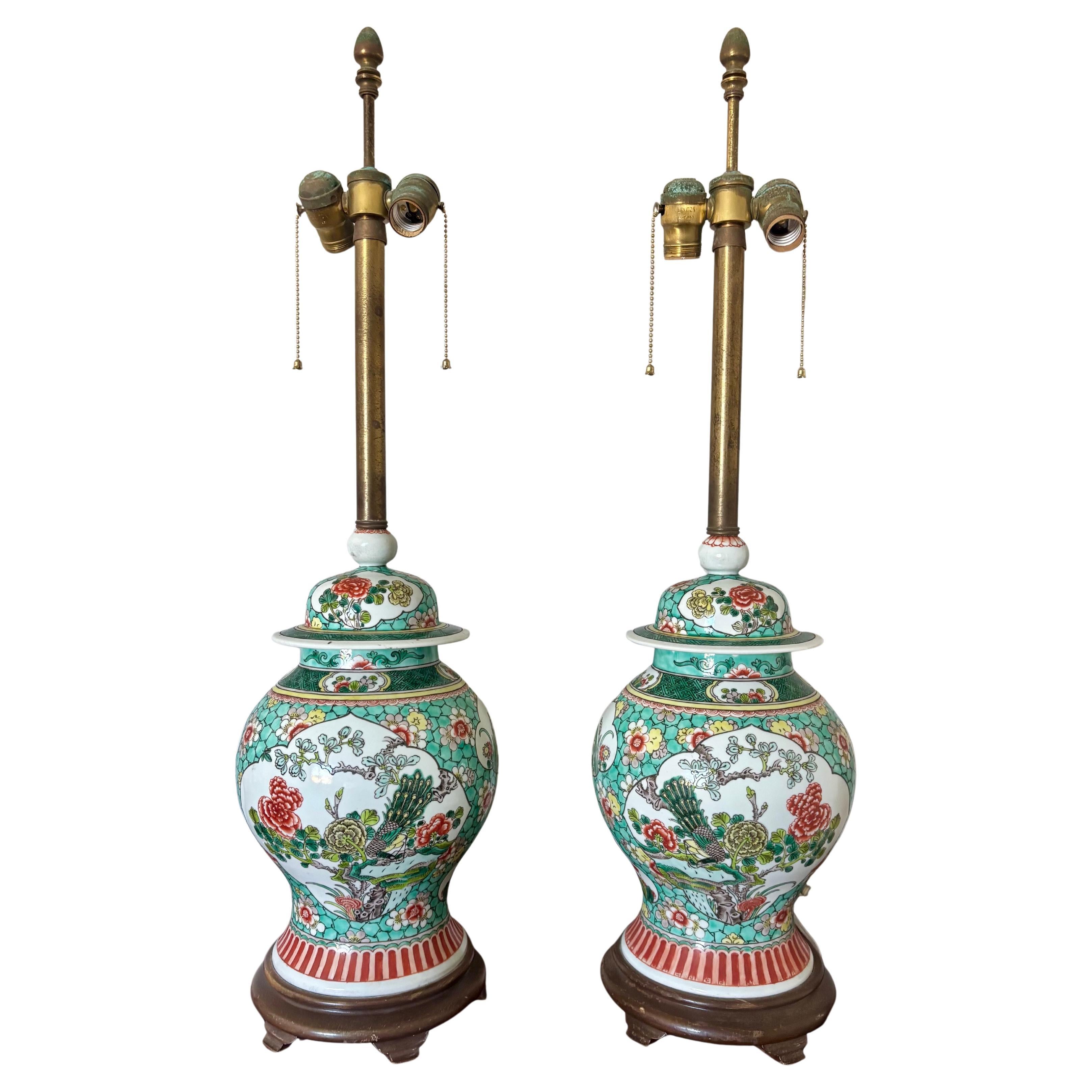 1950s Hand Painted Hollywood Regency French Ginger Jar Lamps by Marbro
