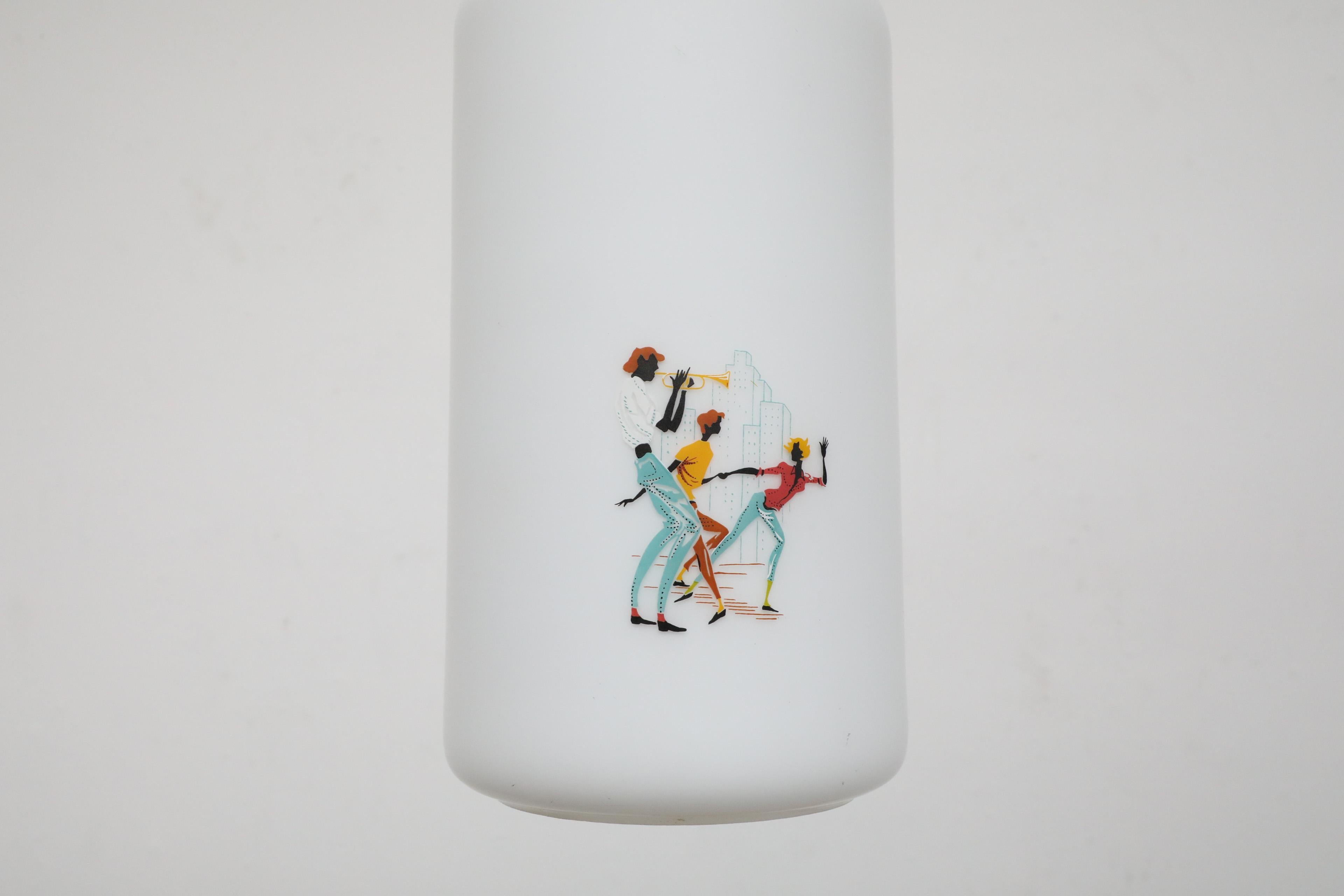 1950's Hand-Painted Milk Glass Pendant Lamp w/ People Dancing and Playing Music For Sale 4