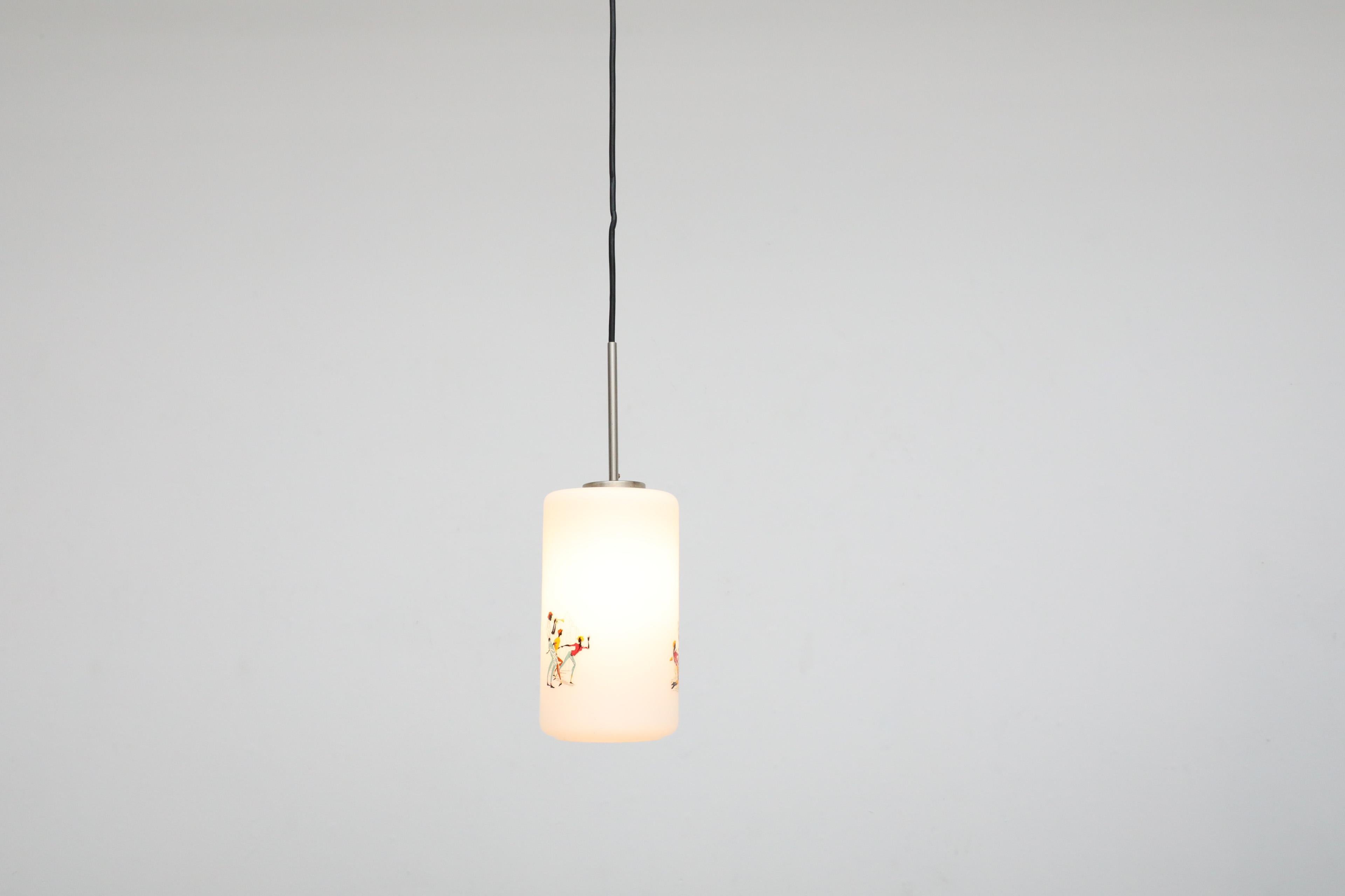 1950's Hand-Painted Milk Glass Pendant Lamp w/ People Dancing and Playing Music For Sale 5