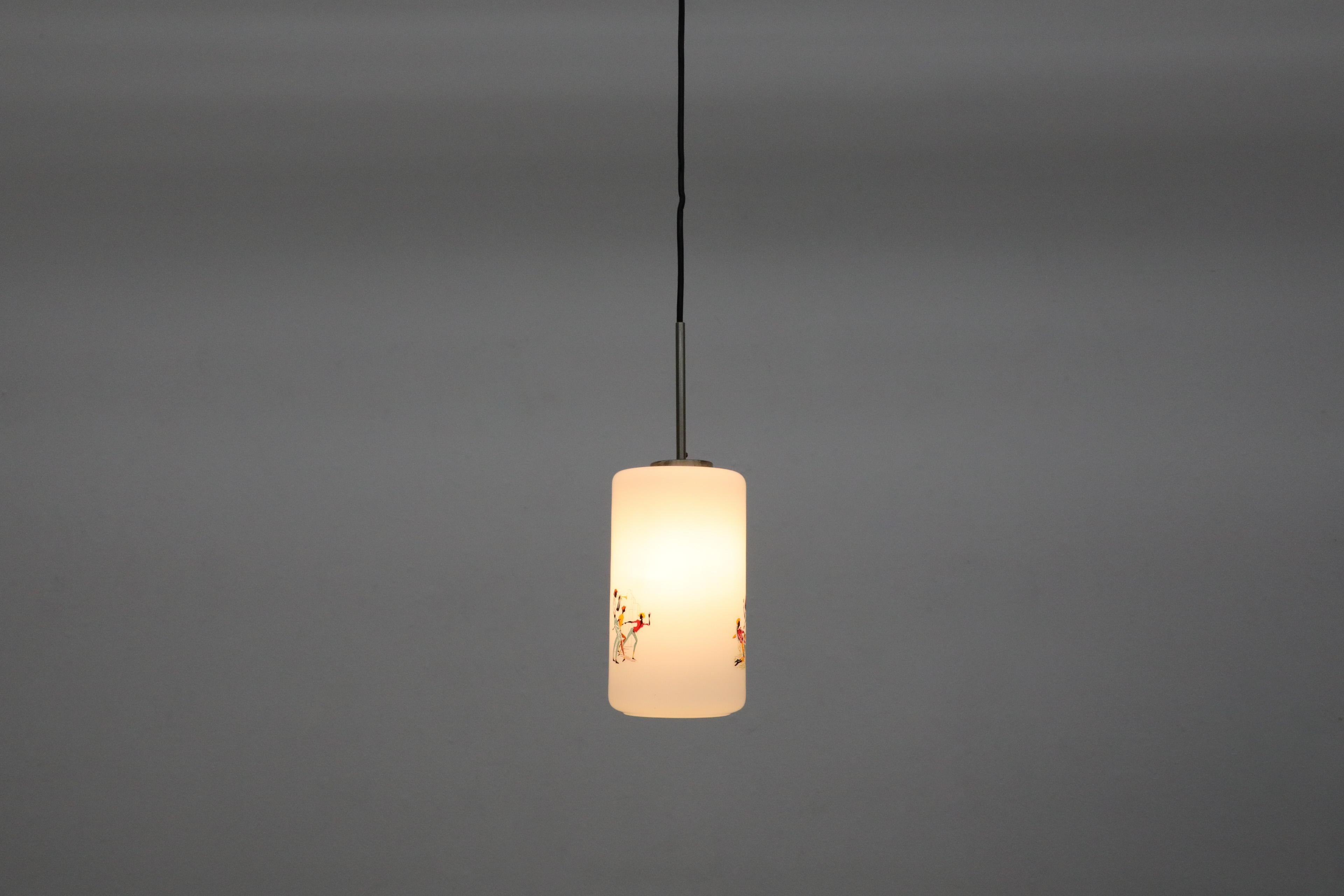 1950's Hand-Painted Milk Glass Pendant Lamp w/ People Dancing and Playing Music For Sale 6