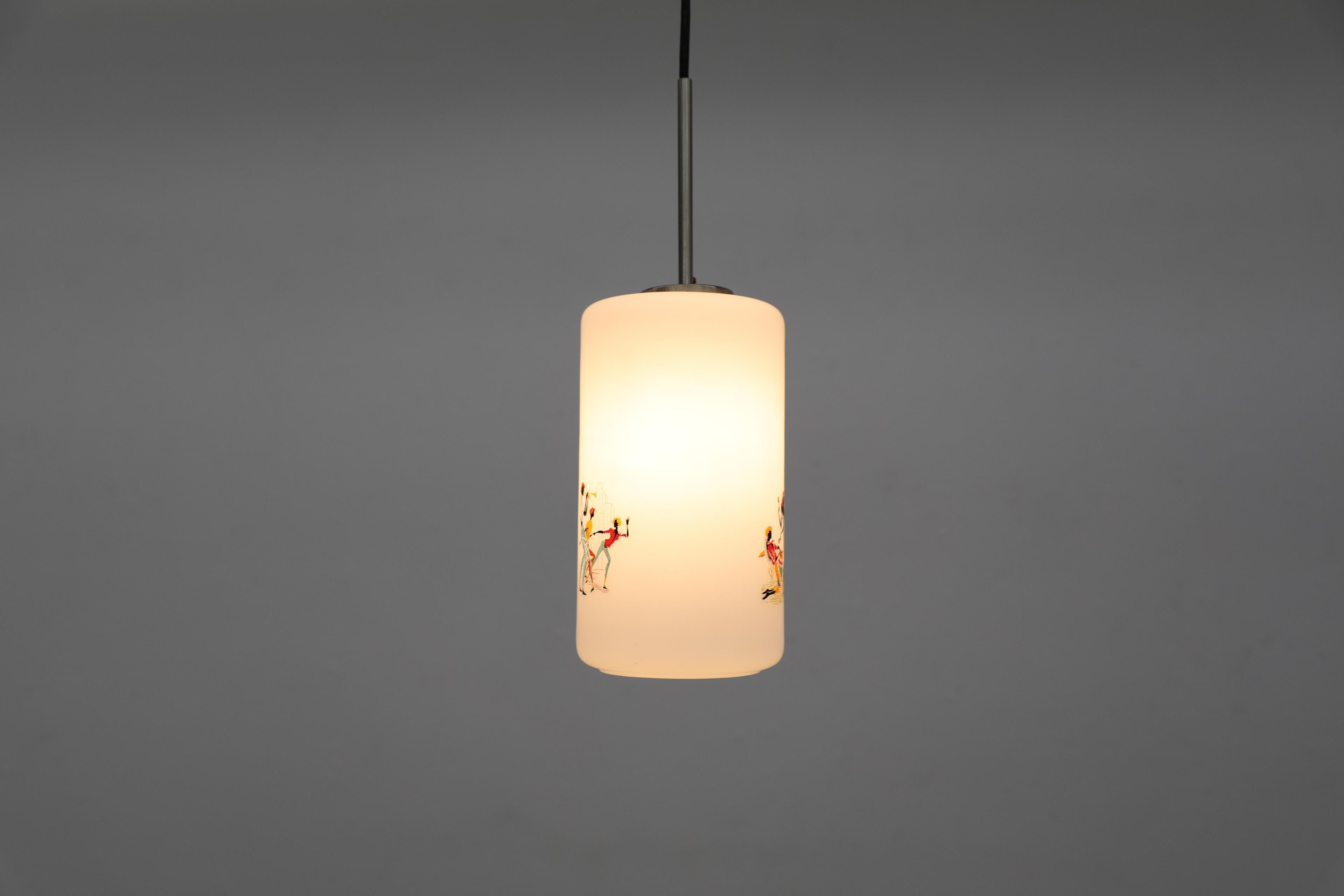1950's Hand-Painted Milk Glass Pendant Lamp w/ People Dancing and Playing Music For Sale 7