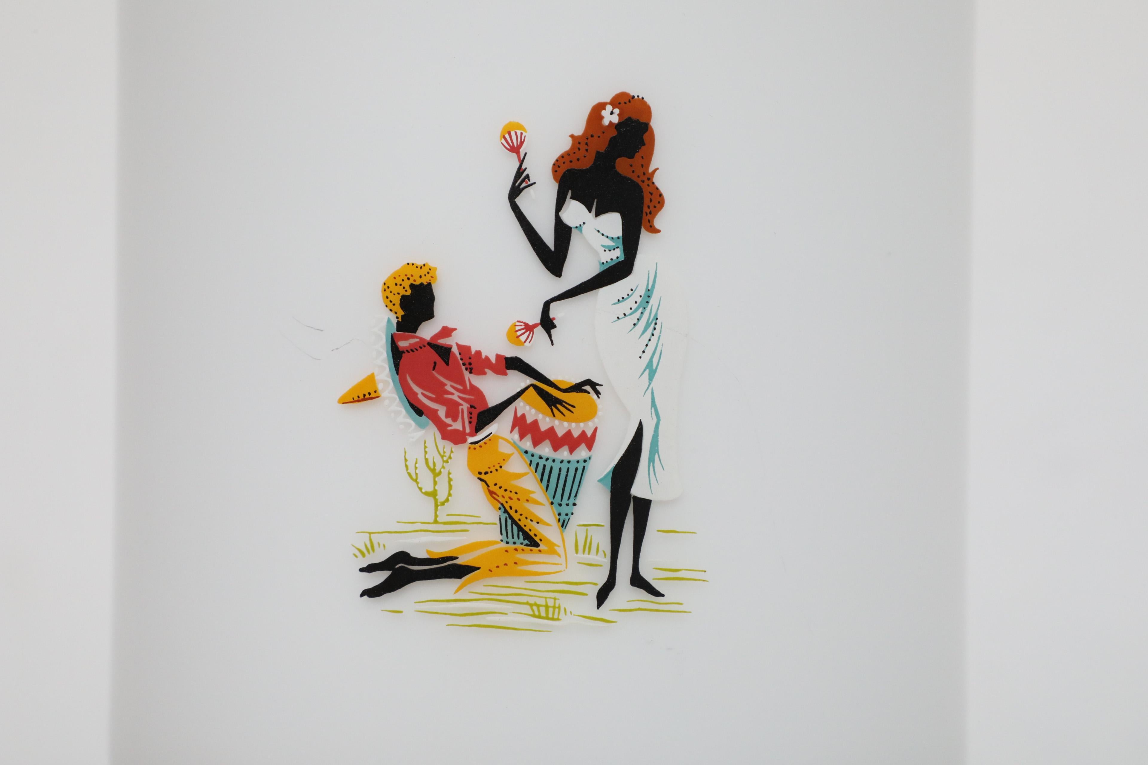 1950's Hand-Painted Milk Glass Pendant Lamp w/ People Dancing and Playing Music For Sale 11
