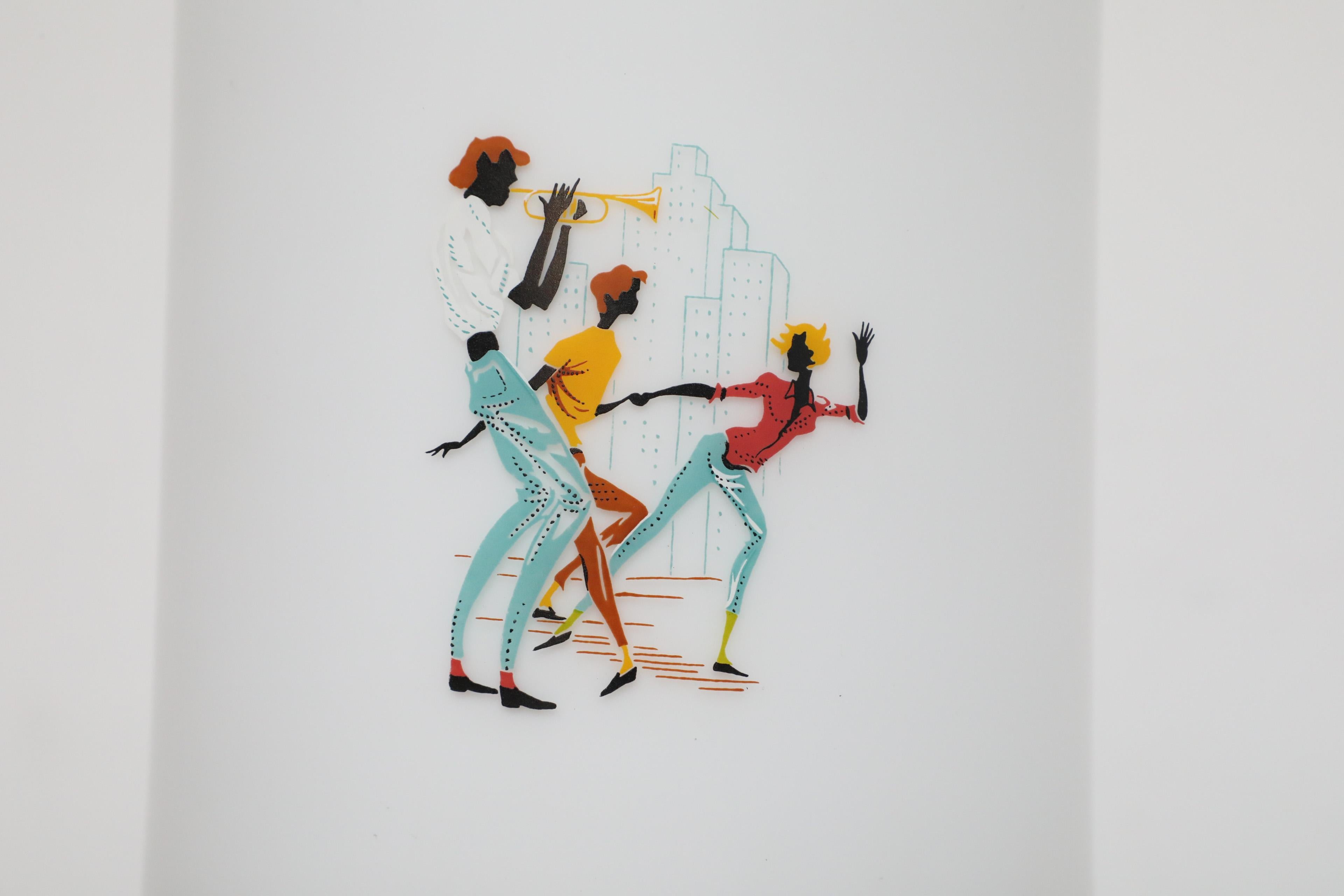 1950's Hand-Painted Milk Glass Pendant Lamp w/ People Dancing and Playing Music For Sale 12