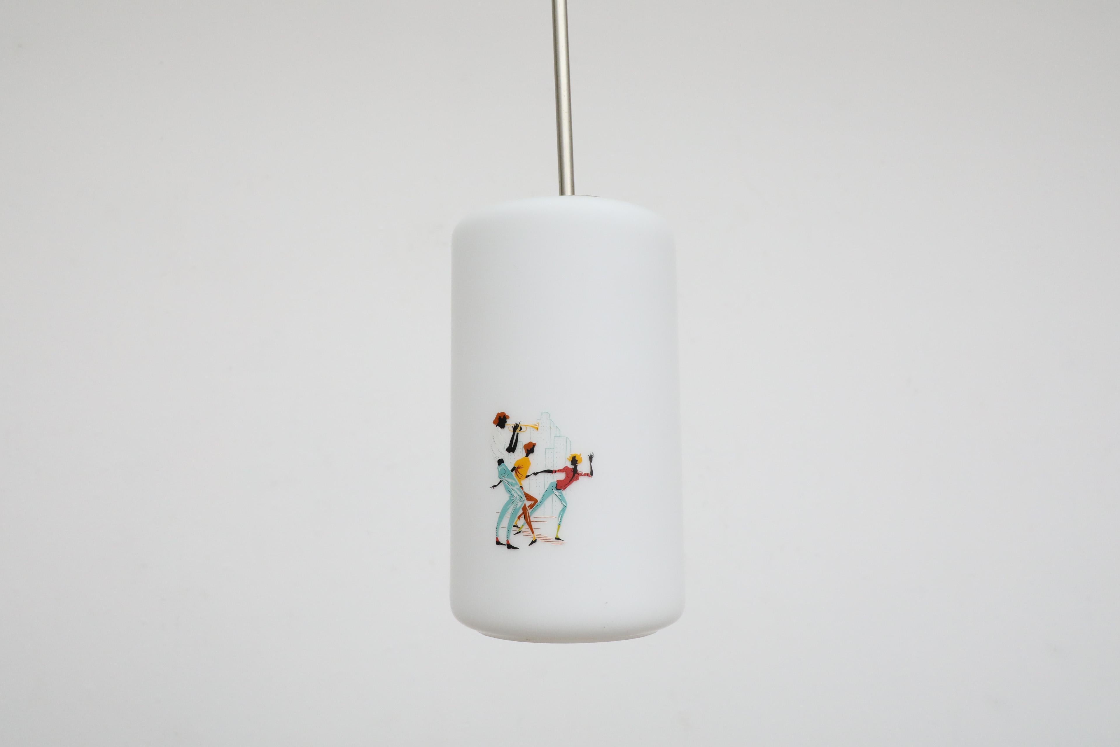 Mid-Century Modern 1950's Hand-Painted Milk Glass Pendant Lamp w/ People Dancing and Playing Music For Sale