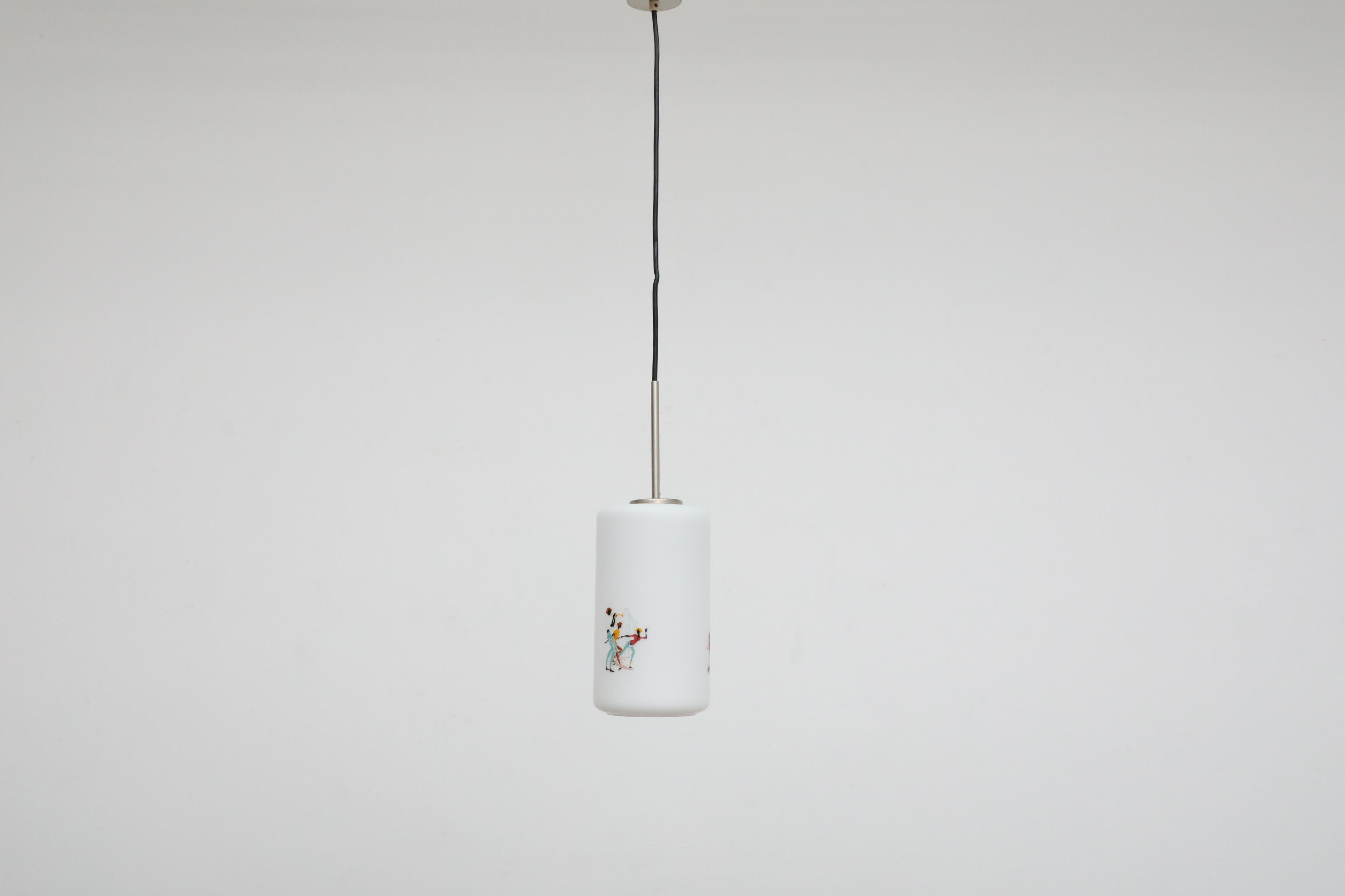 Dutch 1950's Hand-Painted Milk Glass Pendant Lamp w/ People Dancing and Playing Music For Sale