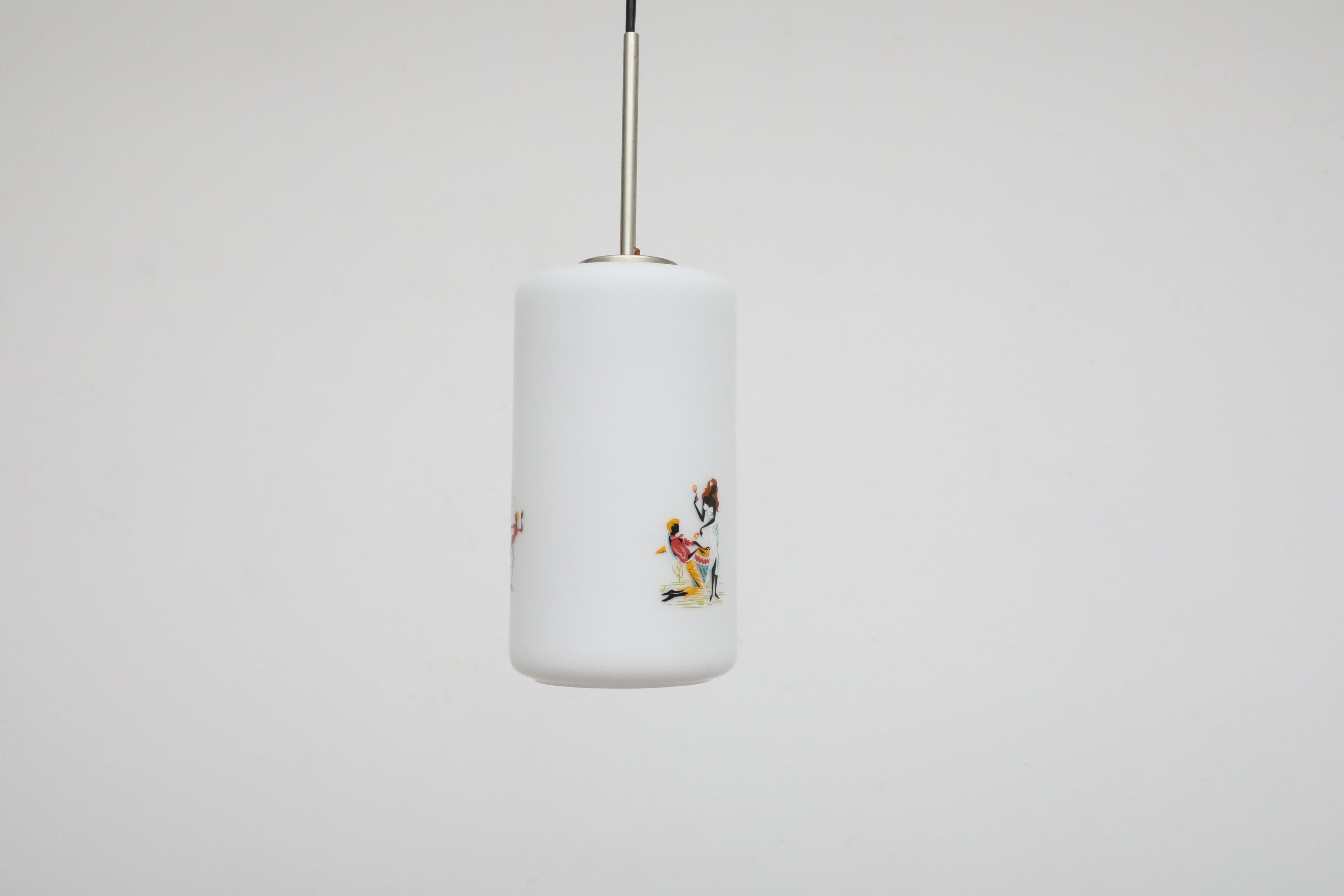 1950's Hand-Painted Milk Glass Pendant Lamp w/ People Dancing and Playing Music In Good Condition For Sale In Los Angeles, CA
