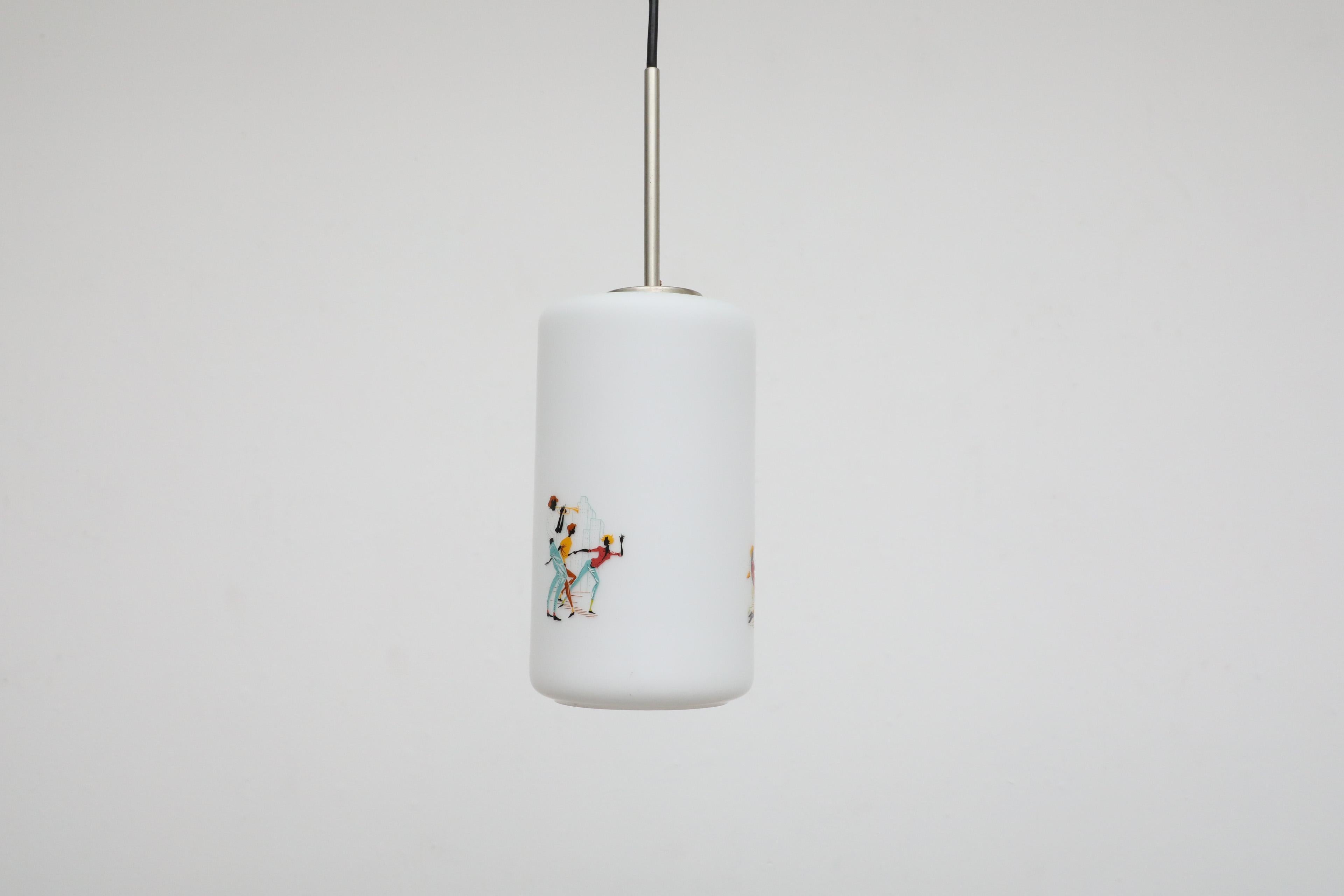 20th Century 1950's Hand-Painted Milk Glass Pendant Lamp w/ People Dancing and Playing Music For Sale