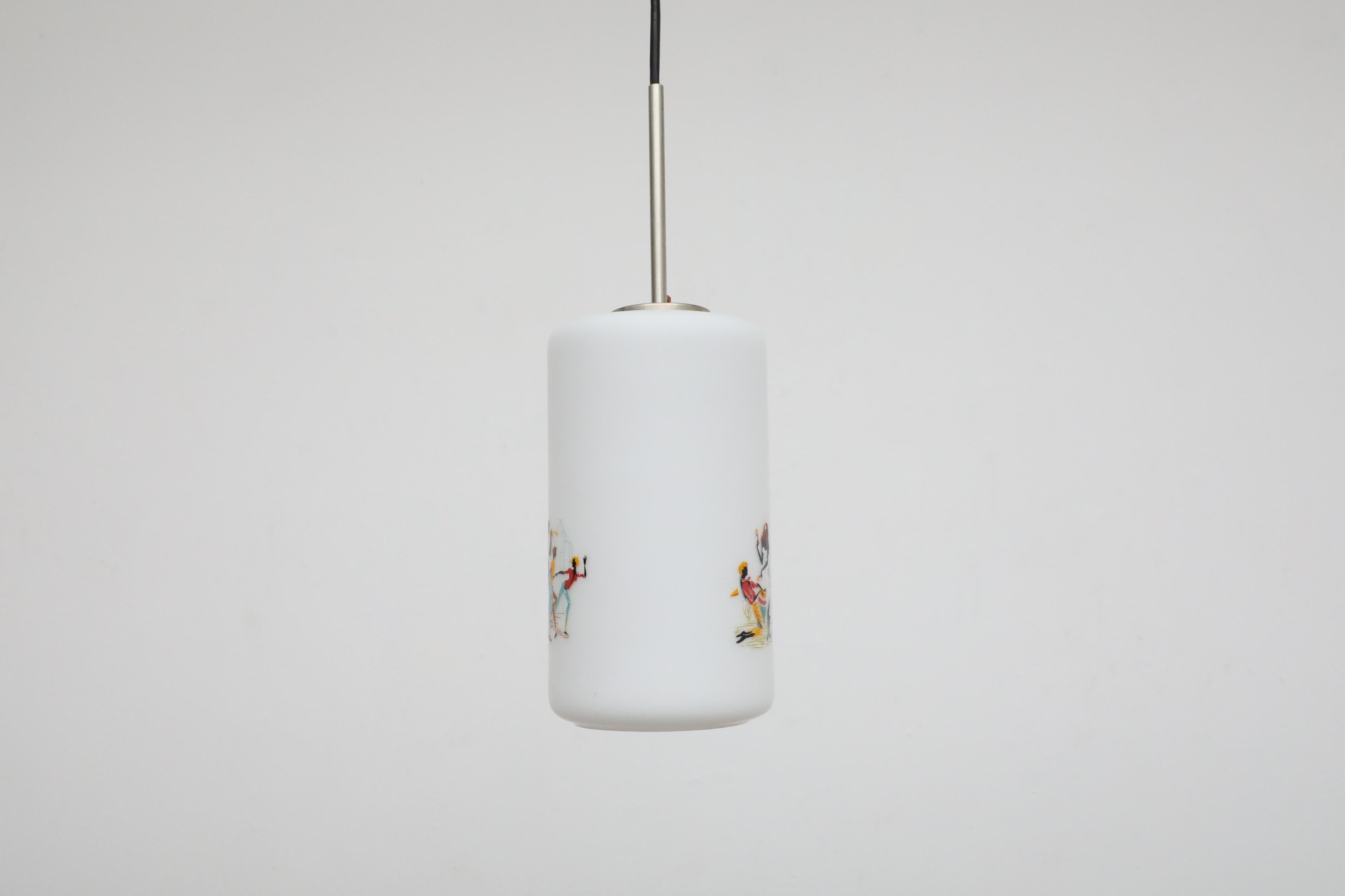 1950's Hand-Painted Milk Glass Pendant Lamp w/ People Dancing and Playing Music For Sale 1