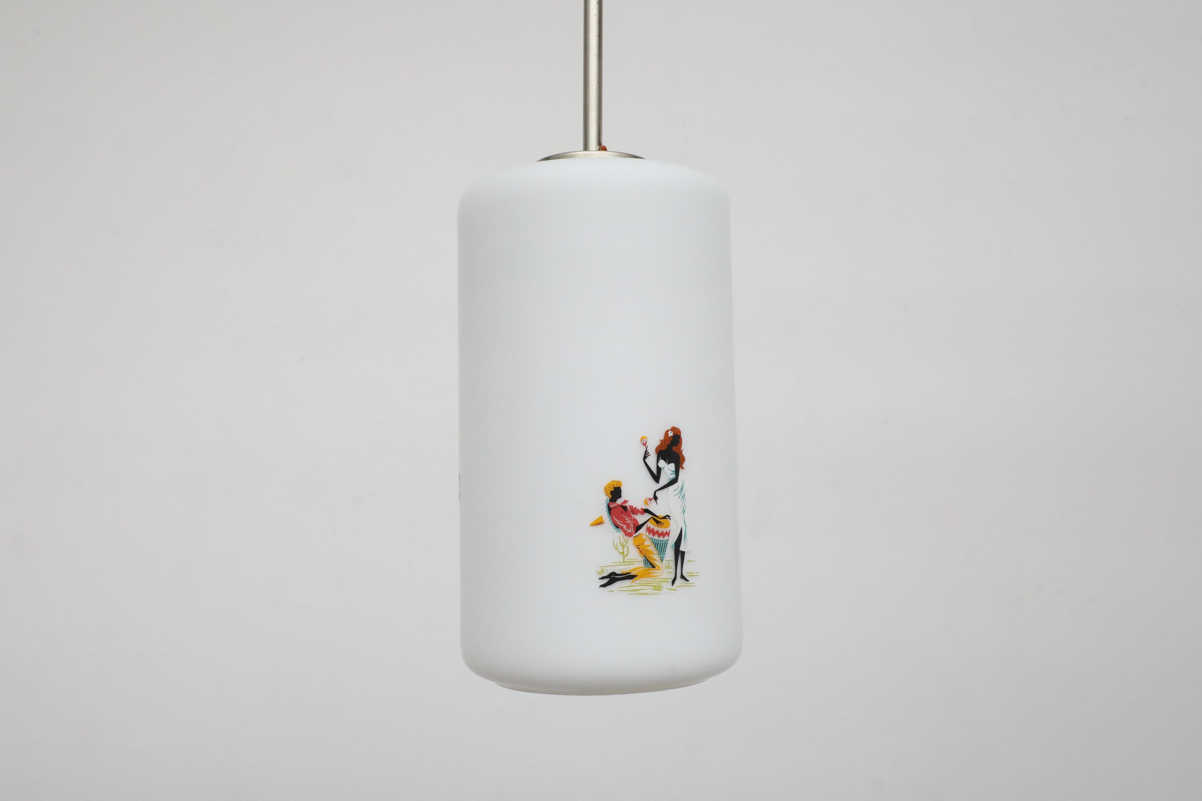 1950's Hand-Painted Milk Glass Pendant Lamp w/ People Dancing and Playing Music For Sale 2