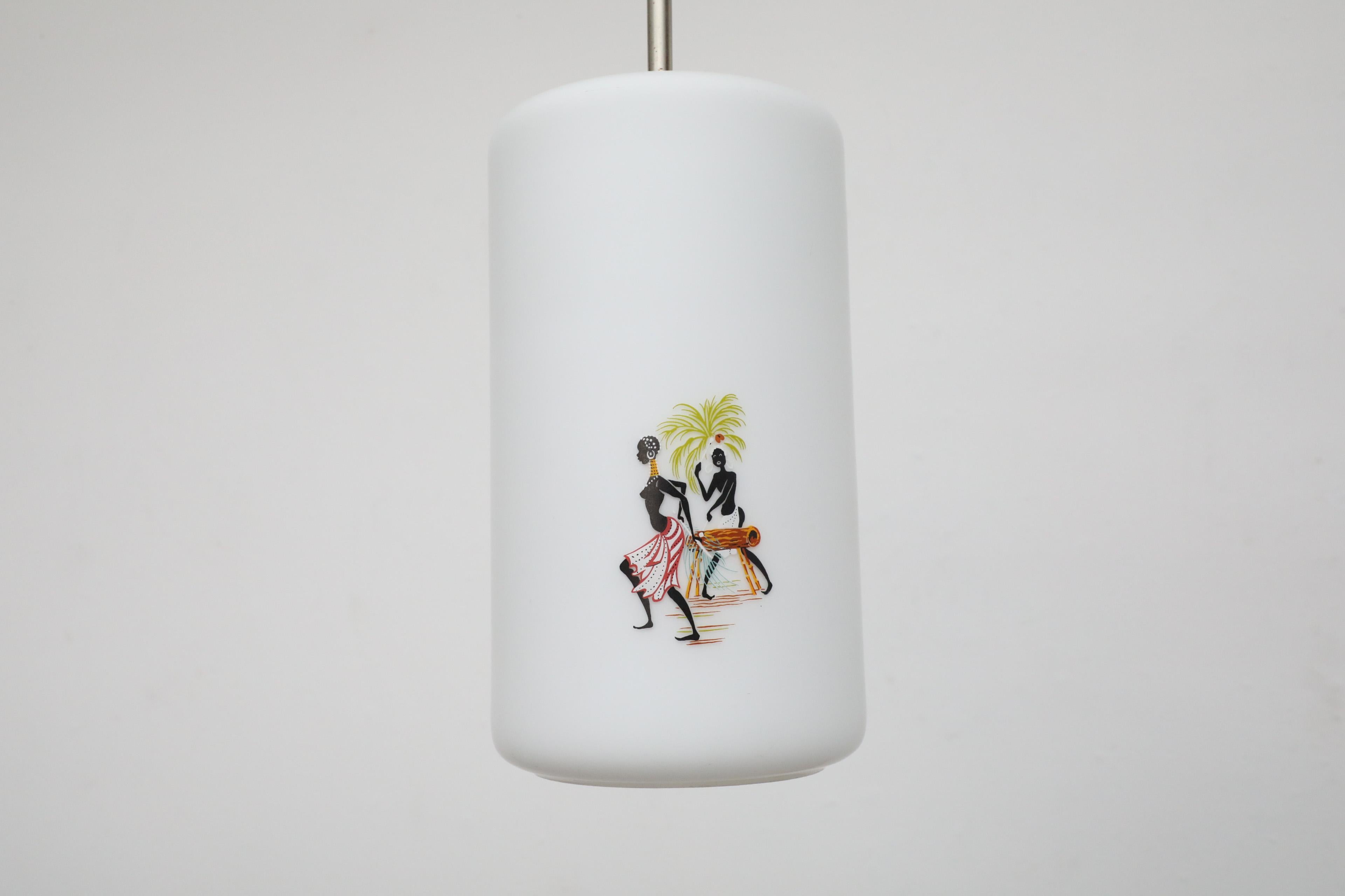 1950's Hand-Painted Milk Glass Pendant Lamp w/ People Dancing and Playing Music For Sale 3