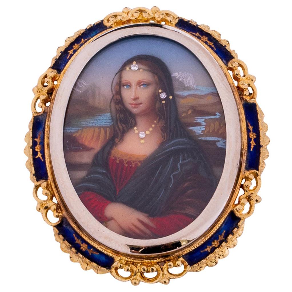 1950s Hand Painted Portrait, 18 Karat Gold and Blue Enamel, Made in Italy