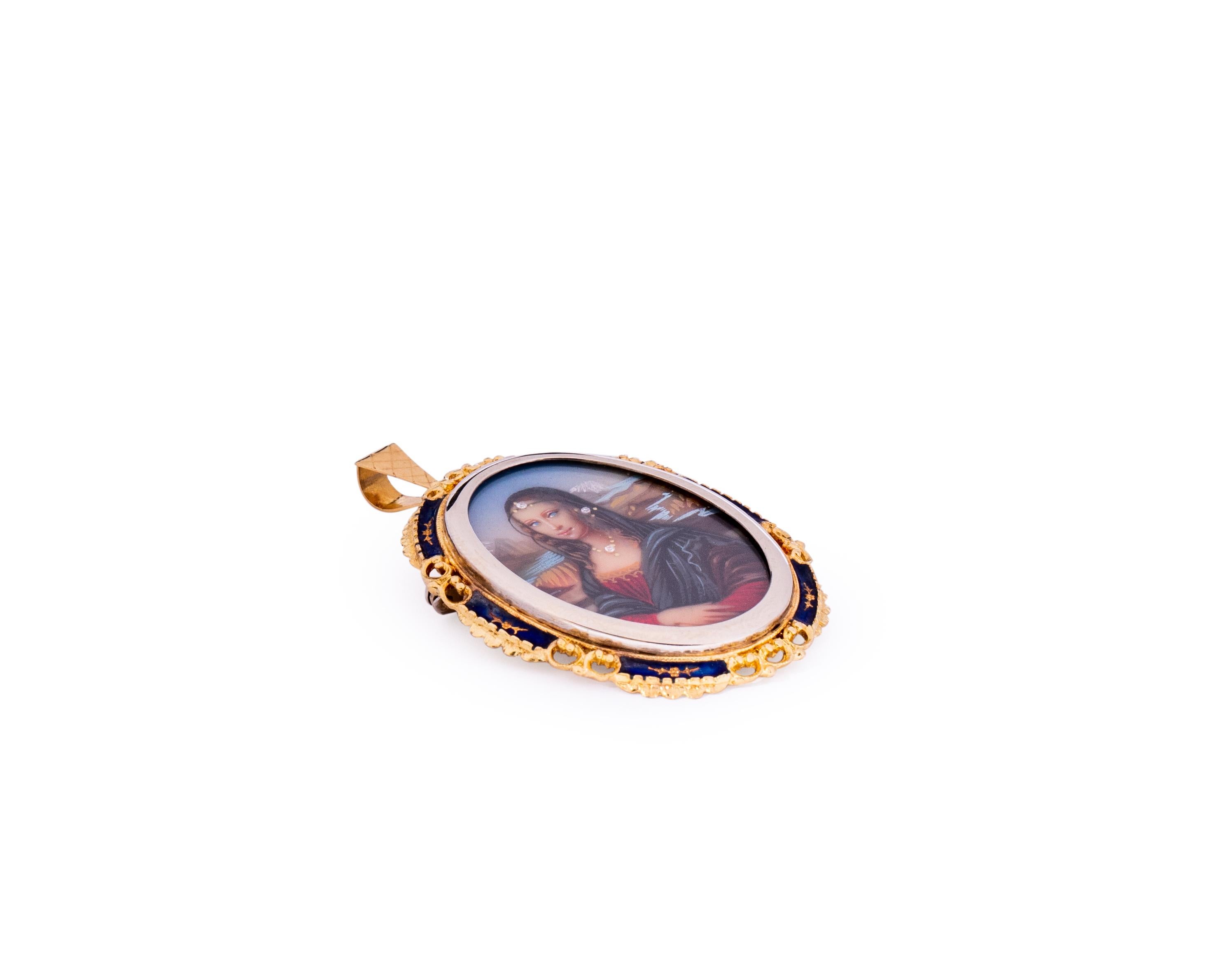 Item Details:
Metal type: 18 Karat Yellow Gold
Weight: 9.2 grams
Measurements: 2 inch length x 1 inch width

Features:
Hand Painted Portrait 
Blue Enamel Border
Crafted in 18 Karat Yellow Gold
Made in Italy
Can be worn as Pendant or Brooch 

