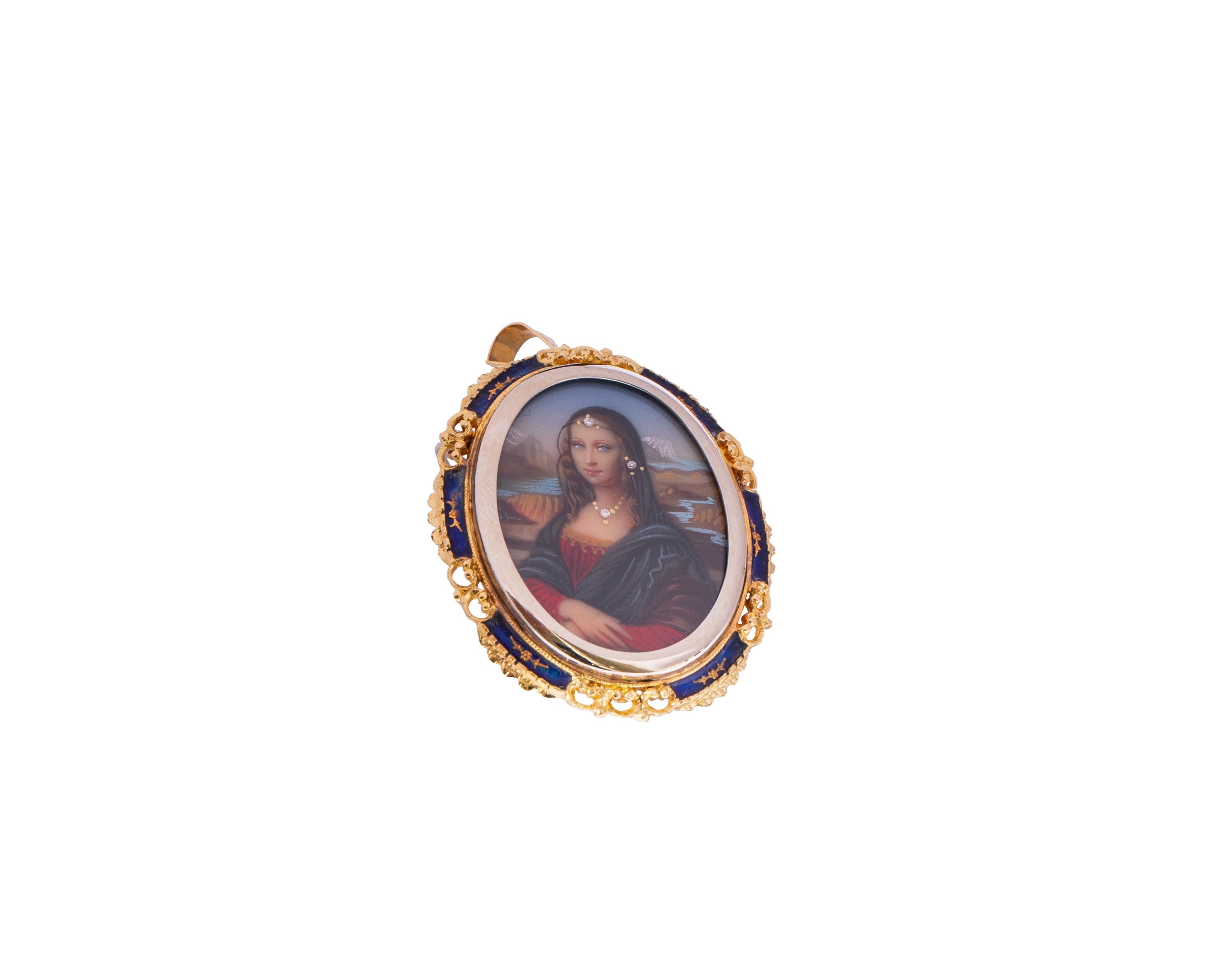 Retro 1950s Hand Painted Portrait, 18 Karat Gold and Blue Enamel, Made in Italy