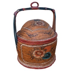 1950s Hand-Painted Wicker Basket with Handle
