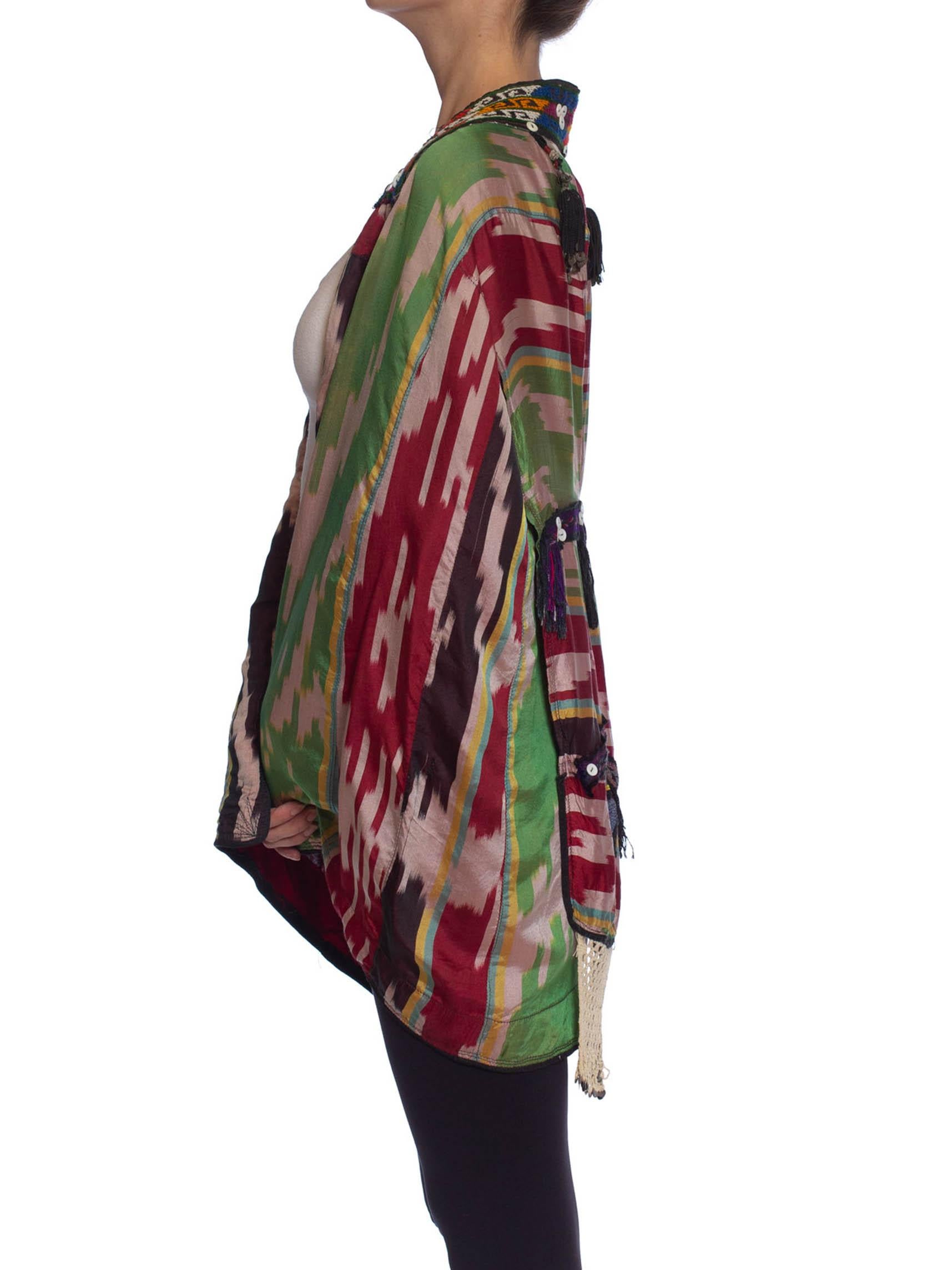 1950S Hand Woven Silk Ikat Hooded Cape With Embroidery & Tassels For Sale 1