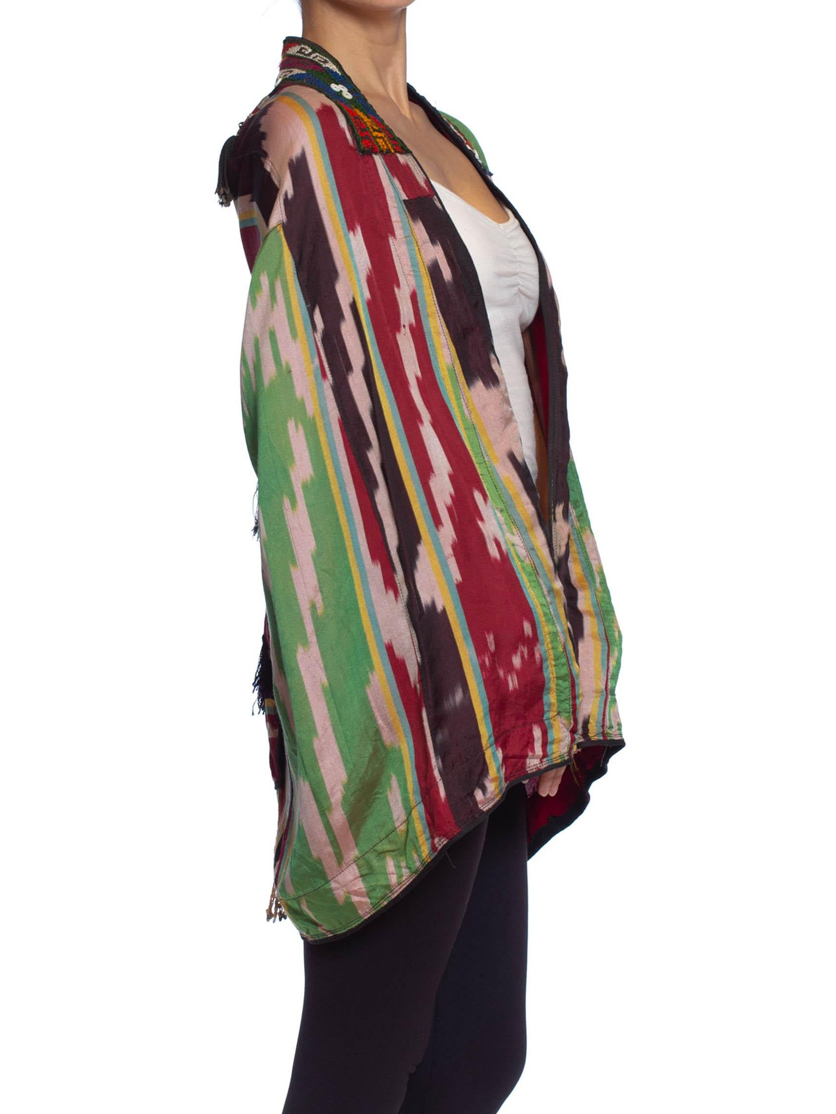 1950S Hand Woven Silk Ikat Hooded Cape With Embroidery & Tassels For Sale 2