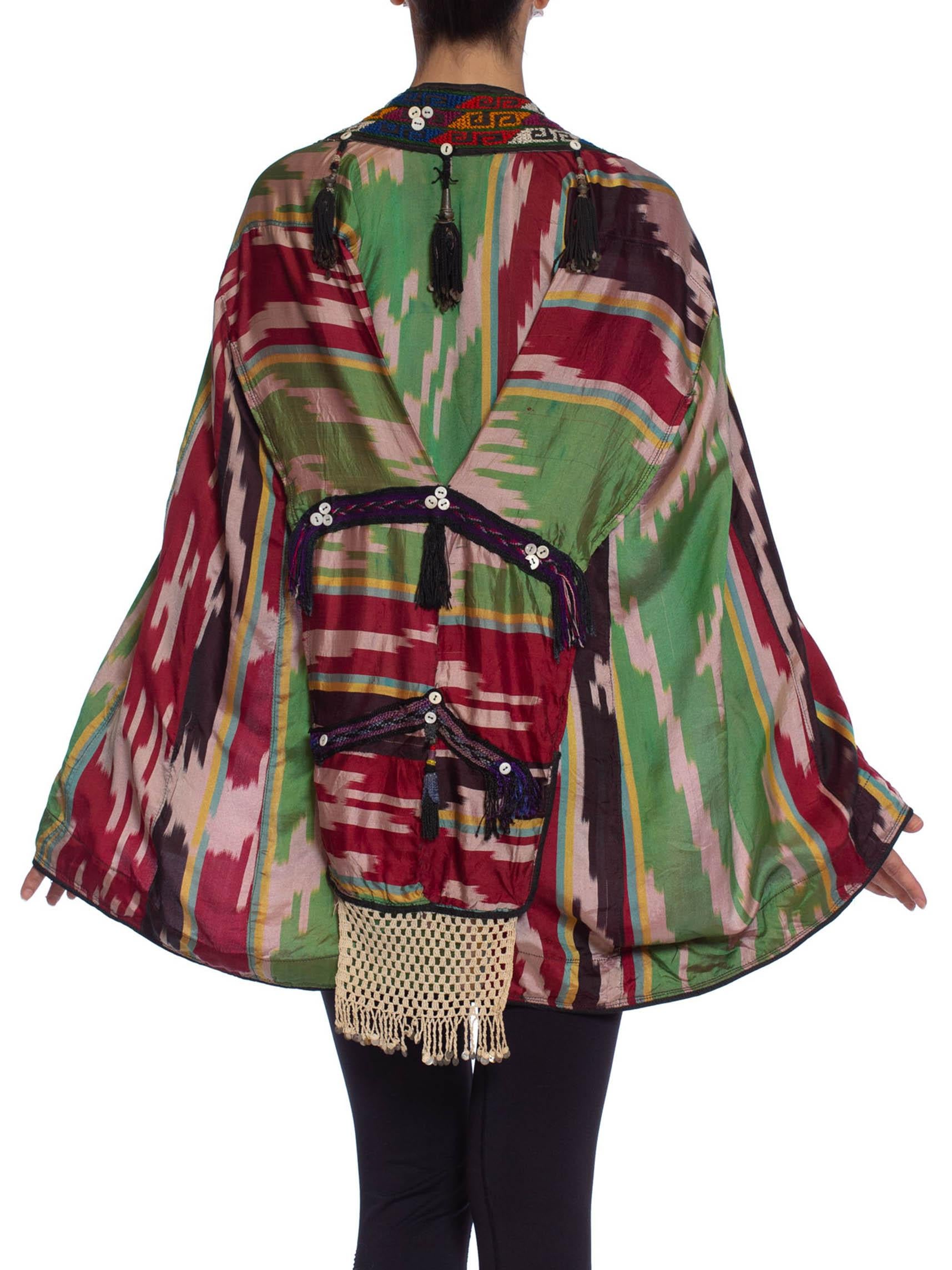 1950S Hand Woven Silk Ikat Hooded Cape With Embroidery & Tassels For Sale 3