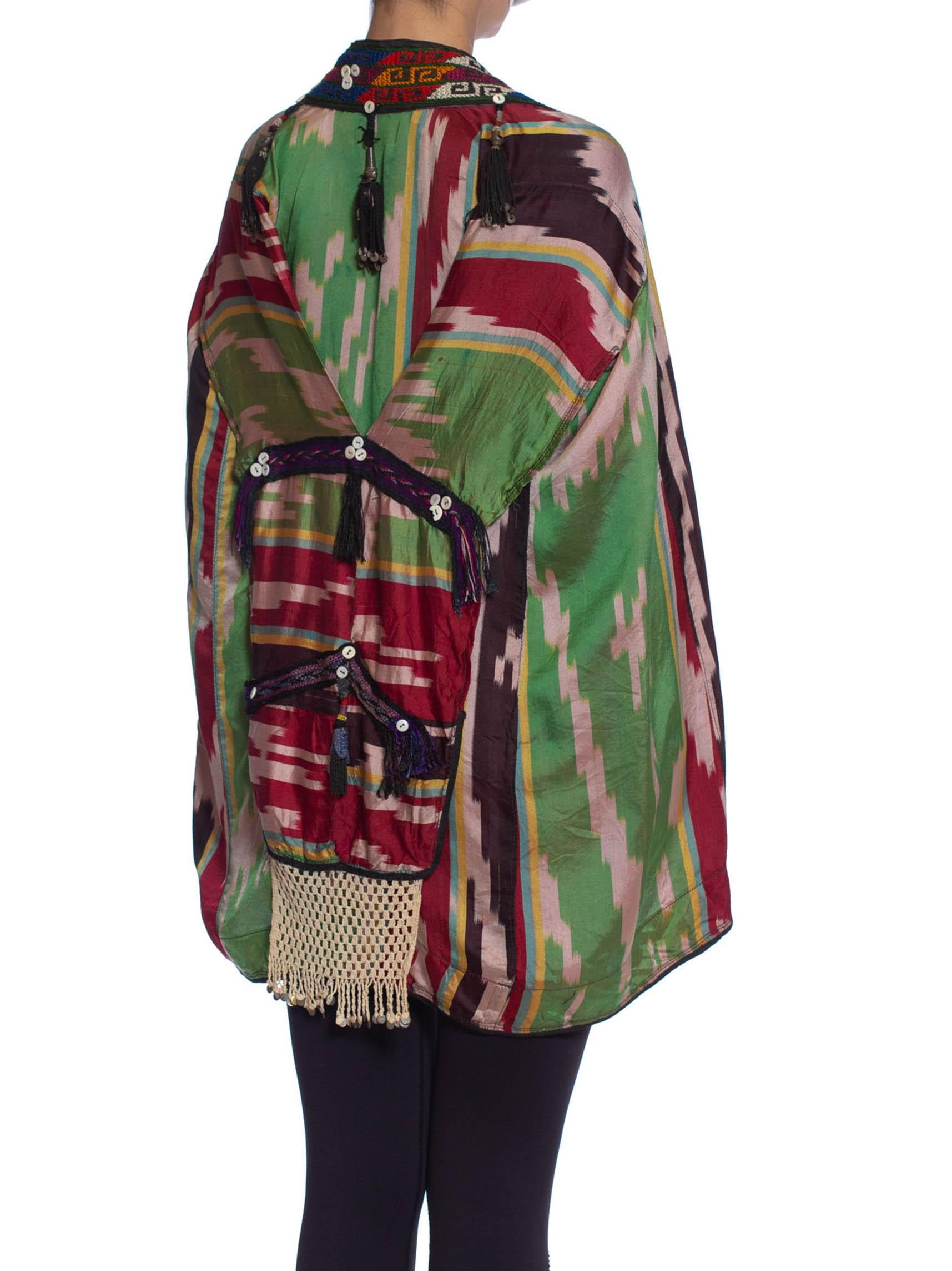 1950S Hand Woven Silk Ikat Hooded Cape With Embroidery & Tassels For Sale 5