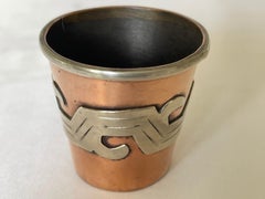 1950's Hand Wrought Mexican Copper and Silver Shot Glass with Aztec Design
