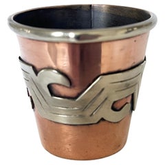Vintage 1950's Hand Wrought Mexican Copper and Silver Shot Glass with Aztec Design
