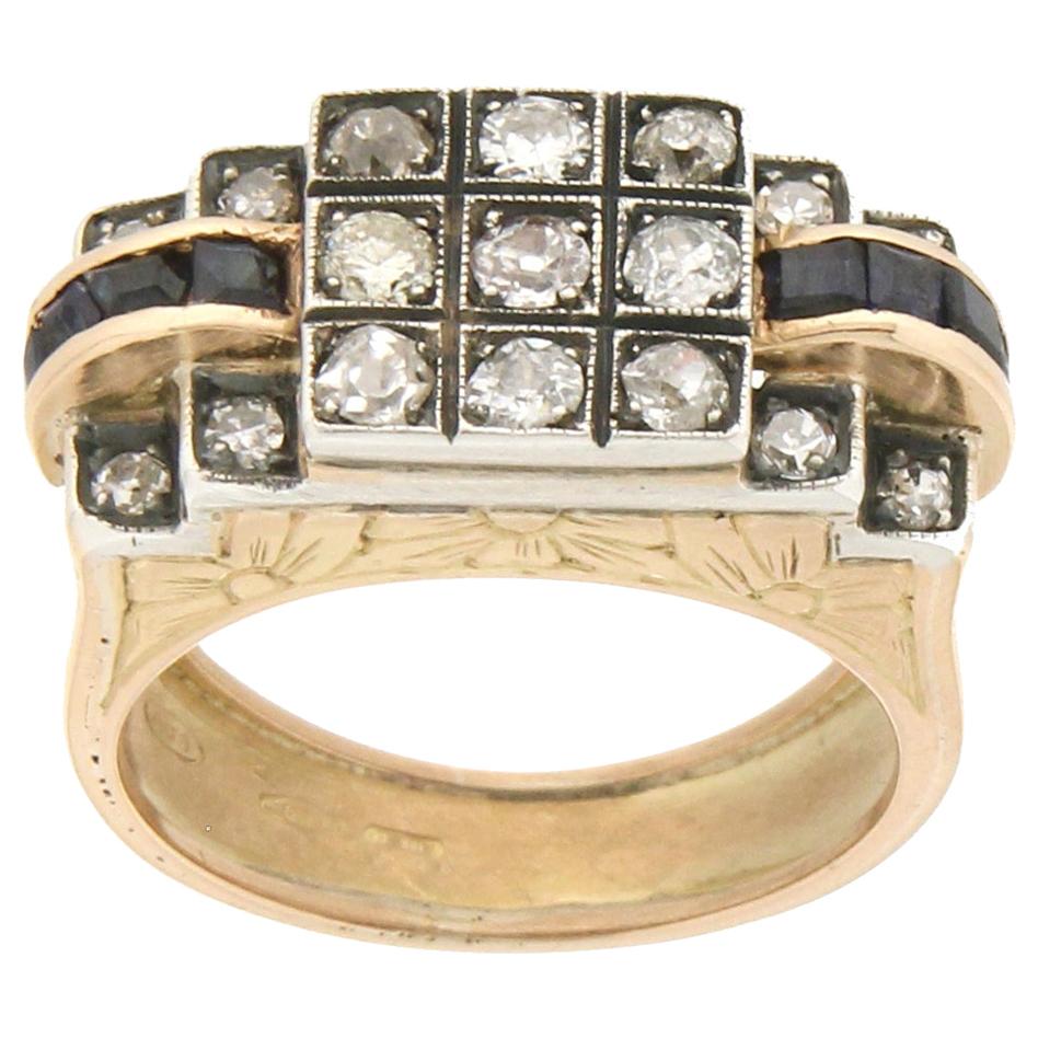 1950s Handcraft Sapphires 18 Karat Yellow Gold Diamonds Cocktail Ring