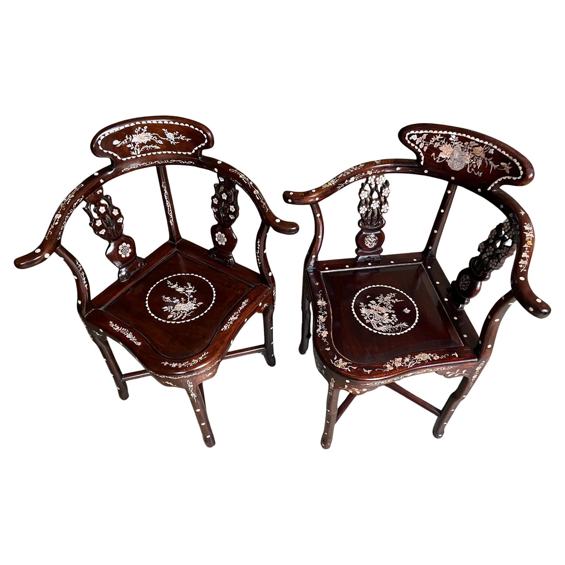 1950s Handcrafted Chinese Corner Armchair Rosewood and Mother of Pearl Inlay