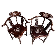 1950s Handcrafted Chinese Corner Armchair Rosewood and Mother of Pearl Inlay