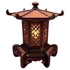 1950s Handcrafted Intricate Wood Pagoda Table Lamp