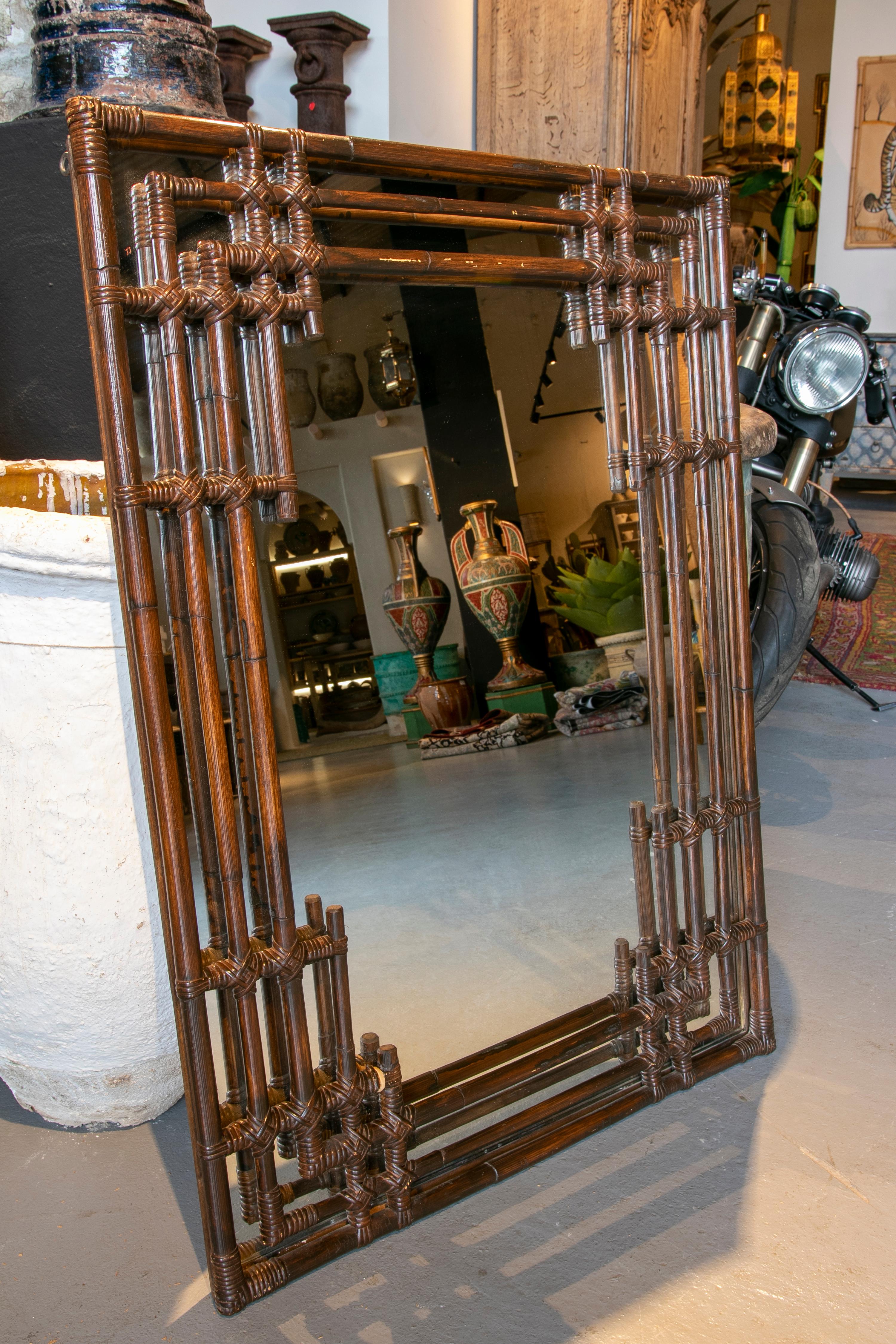 1950s Handmade Bamboo Wall Mirror.