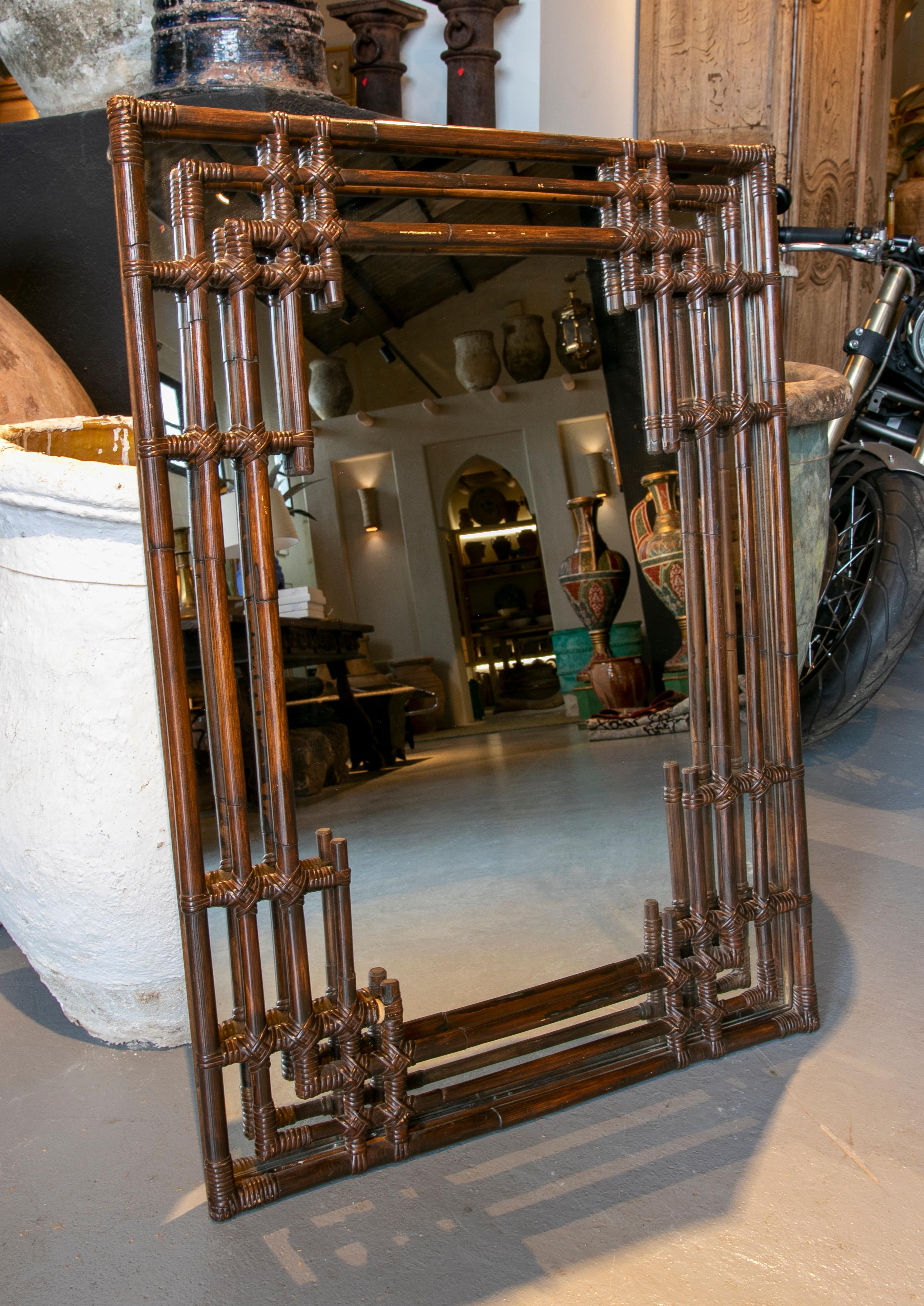 Spanish 1950s Handmade Bamboo Wall Mirror For Sale