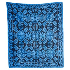 1950's Handmade Blue & Black Folk Hungarian Wool Bedspread
