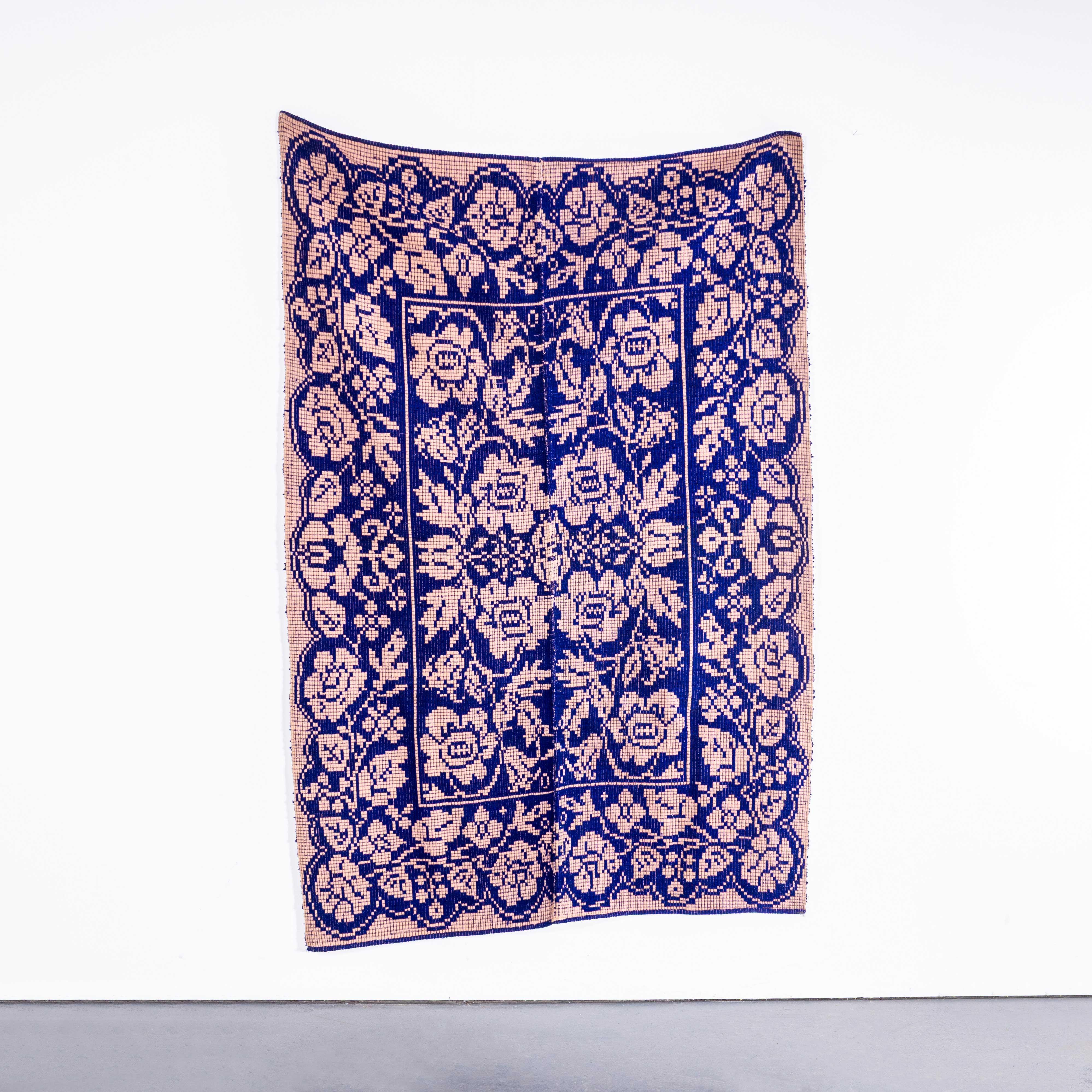 Textile 1950's Handmade Blue & Faded Pink Folk Hungarian Wool Bedspread
