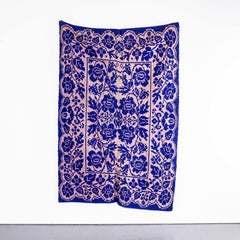 1950's Handmade Blue & Faded Pink Folk Hungarian Wool Bedspread