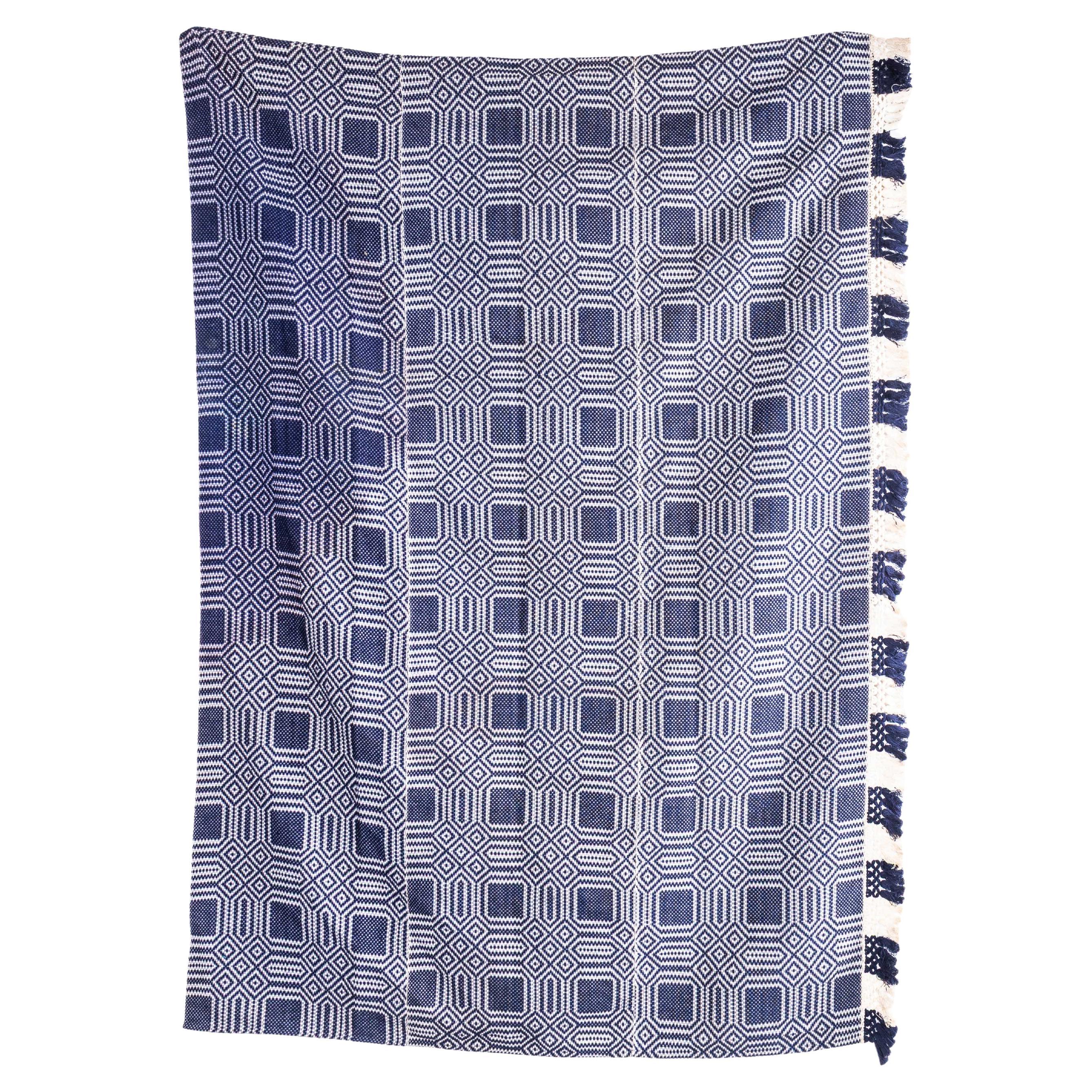 1950's Handmade Blue & White Folk Hungarian Wool Bedspread