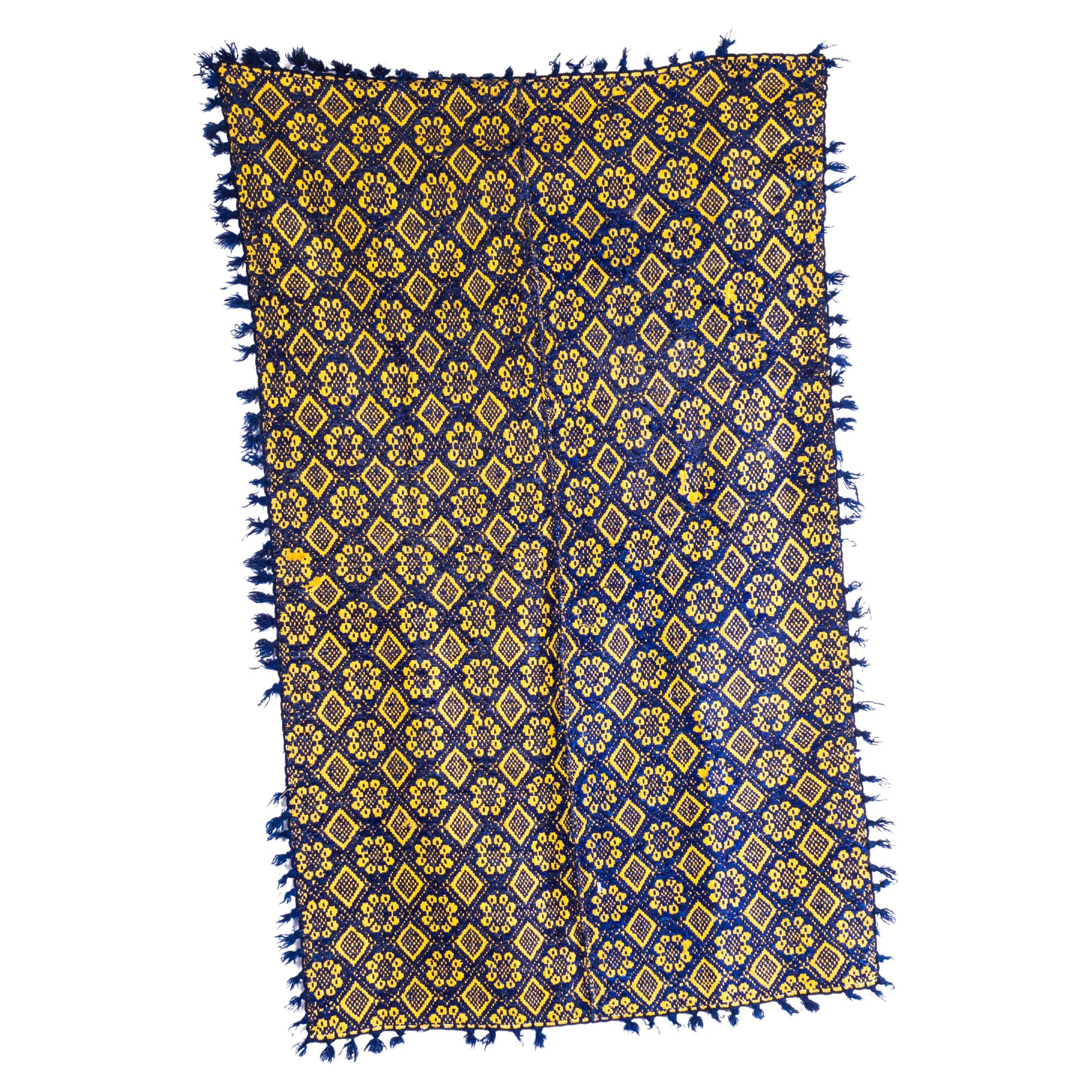 1950's Handmade Blue & Yellow Folk Hungarian Wool Bedspread