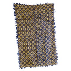 1950's Handmade Blue & Yellow Folk Hungarian Wool Bedspread