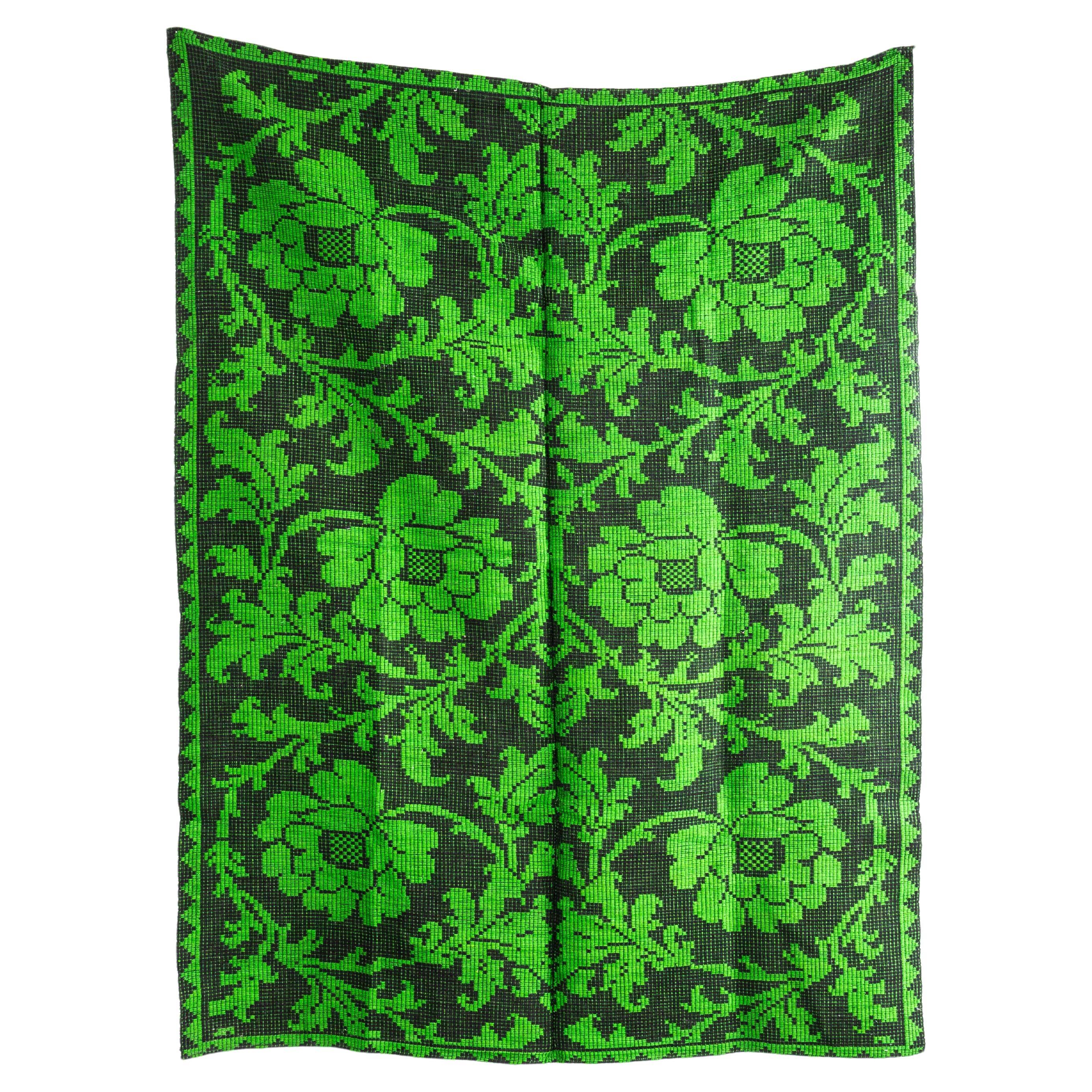 1950's Handmade Bright Green Folk Hungarian Wool Bedspread
