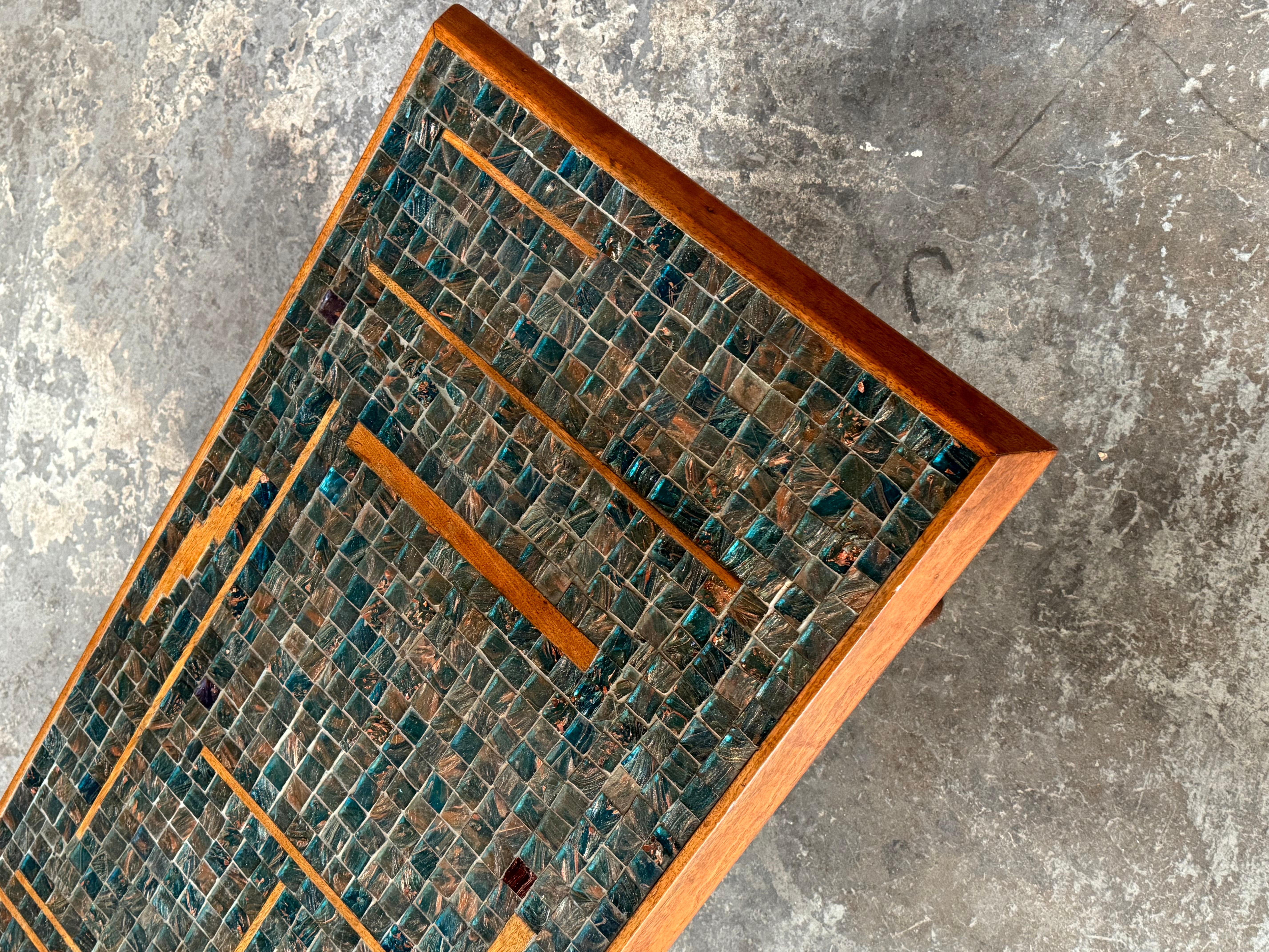 American 1950s Handmade  Glass Tile Mosaic with Walnut Inlay Coffee Table For Sale