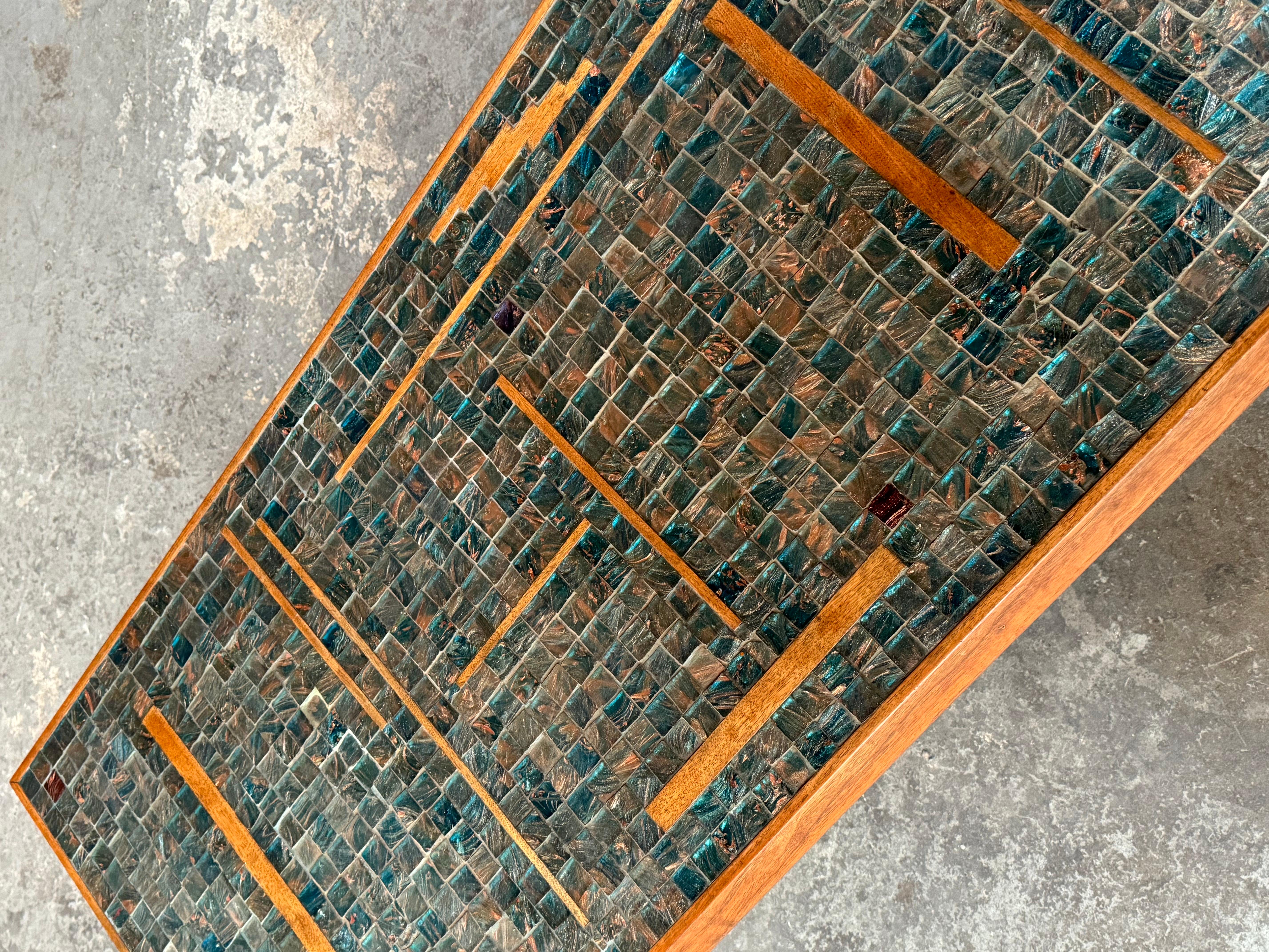 Hand-Crafted 1950s Handmade  Glass Tile Mosaic with Walnut Inlay Coffee Table